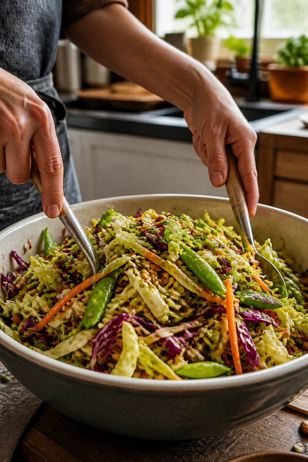 Real person about to toss a bowl of crispy Asian slaw in a cozy kitchen