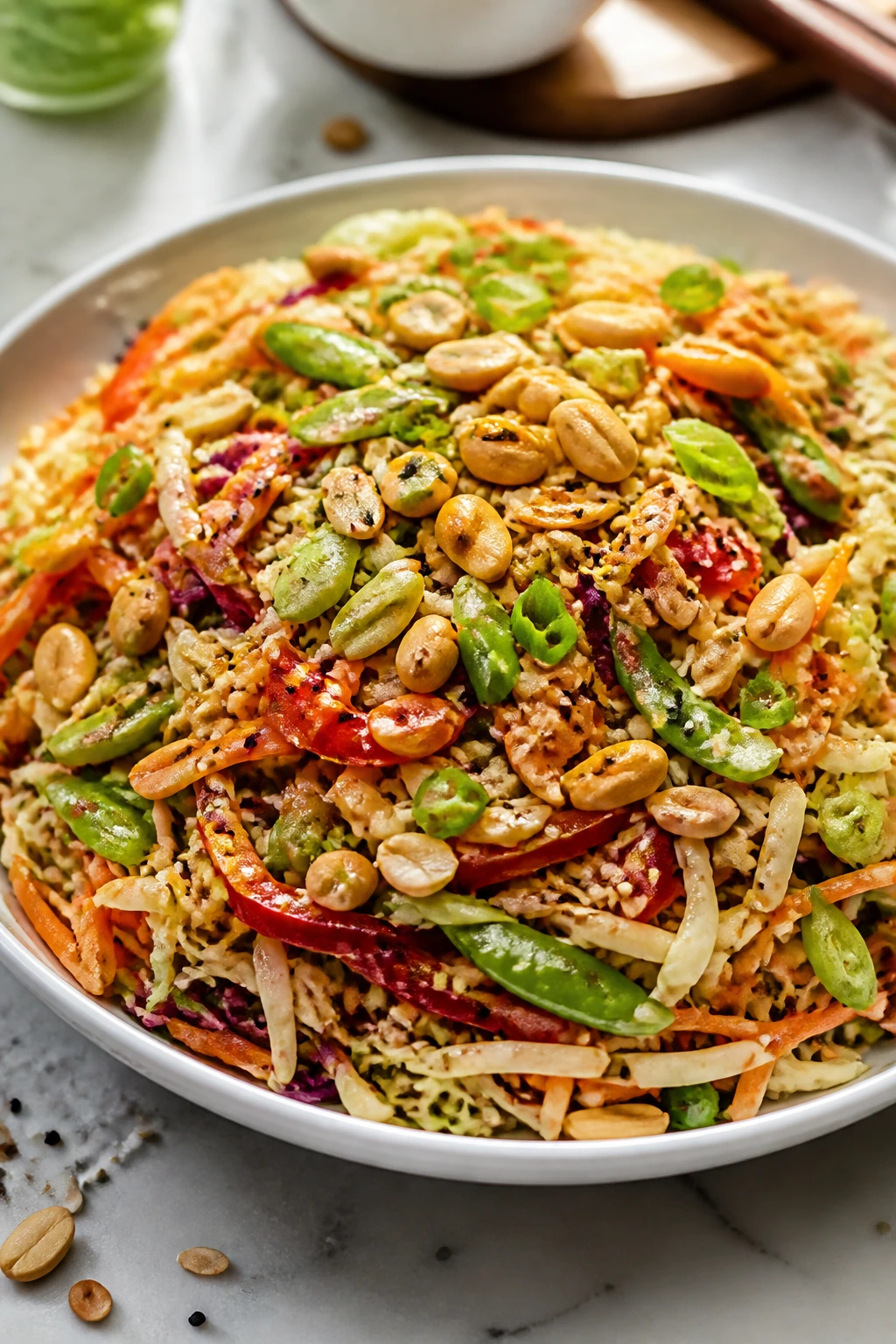 Plate of Crispy Crunchy Asian Slaw with nuts and sesame seeds