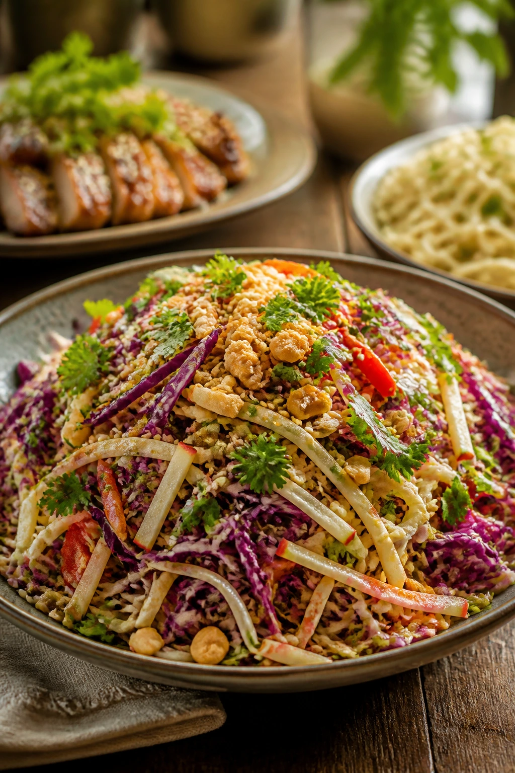 Close-up of Asian slaw in a shallow bowl with cabbage, herbs, apple ribbons, peanuts and sesame seeds