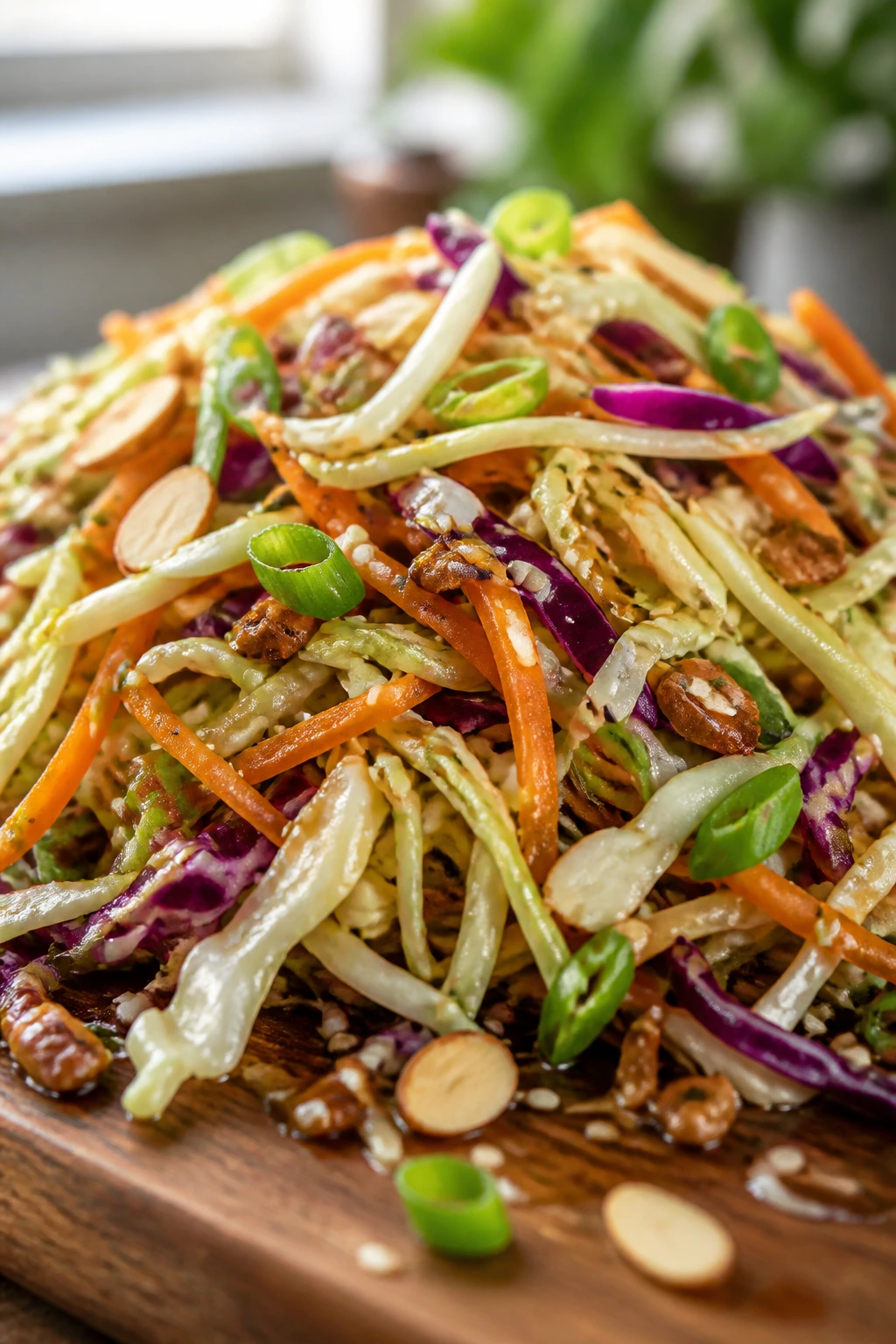 Colorful Asian slaw with sesame-ginger dressing close-up