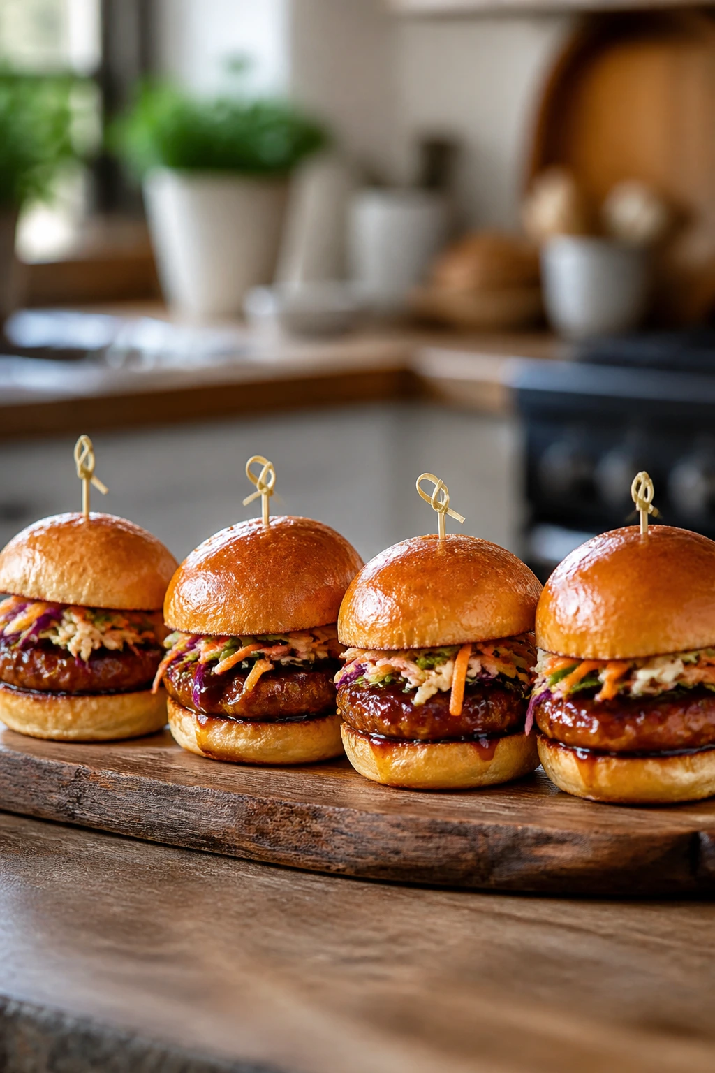 Close-up of a row of glossy Asian sliders on a wooden board