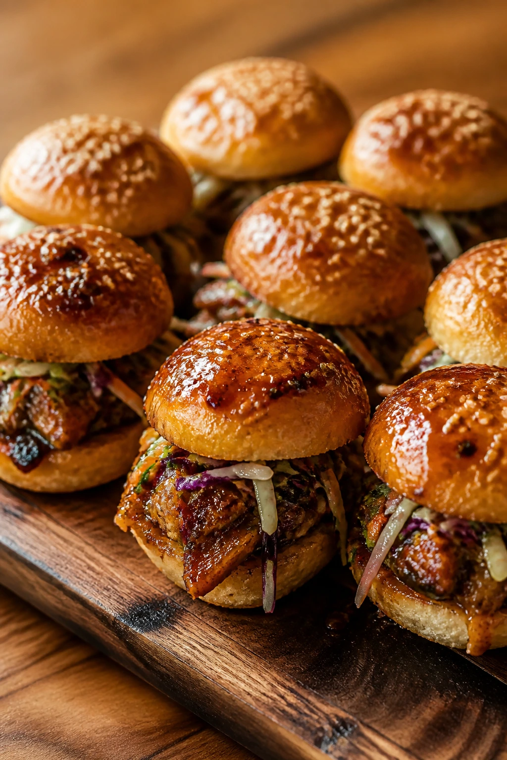Close-up of a batch of Asian sliders on a wooden board with sesame seeds