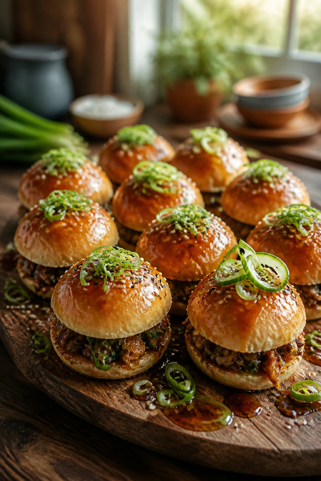 Close-up platter of seam-side down Asian sliders with scallion and sesame garnish on a wooden board