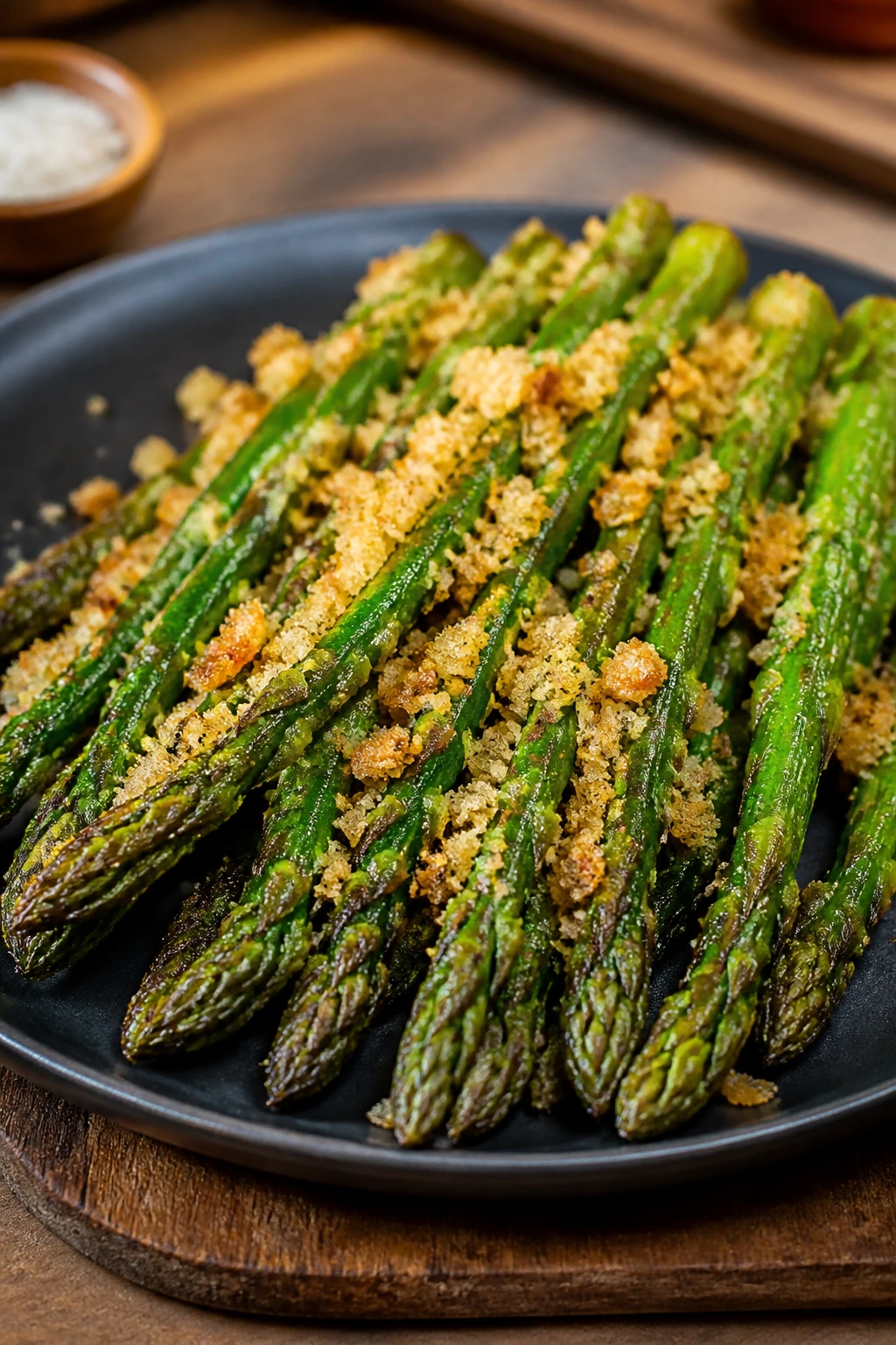 Close-up of asparagus spears with garlic breadcrumbs