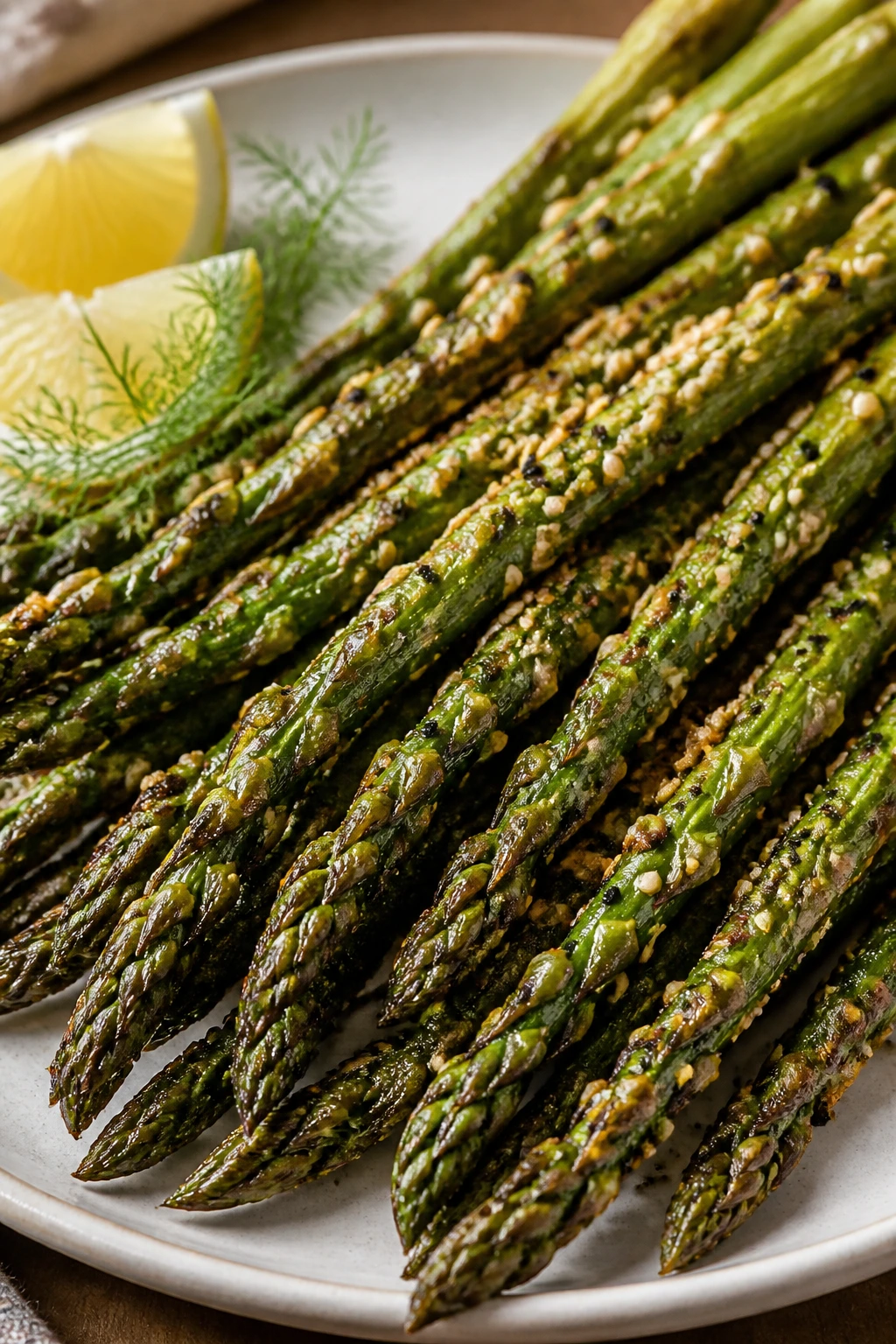 Close-up of asparagus spears with everything seasoning on a plate