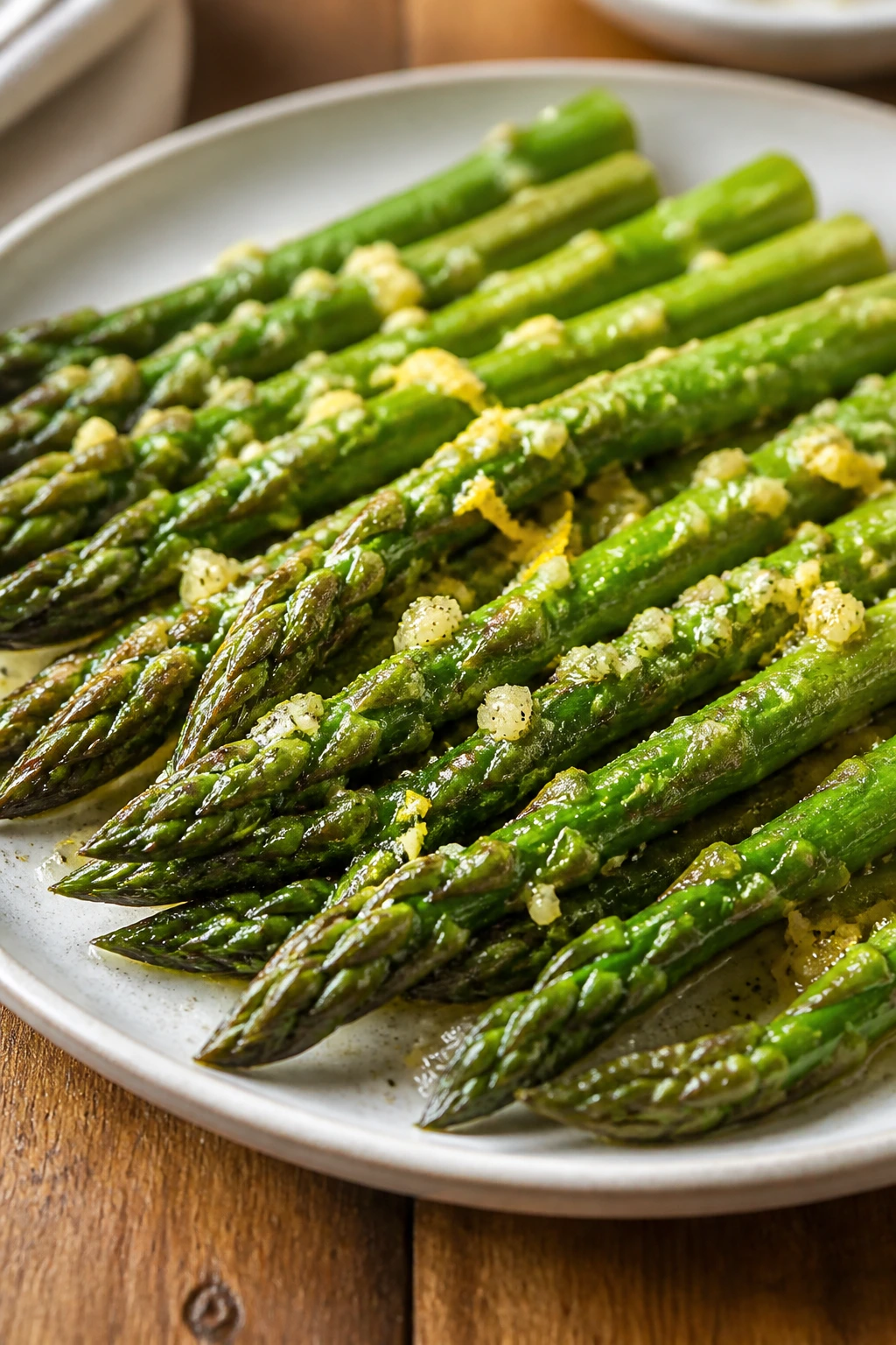Close-up of garlic butter-coated asparagus spears.