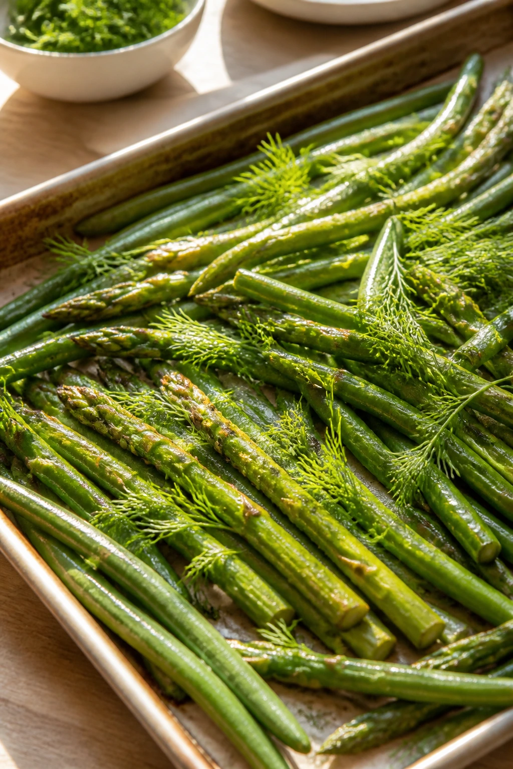 Asparagus and green beans on a roasting tray with dill in a sunlit kitchen