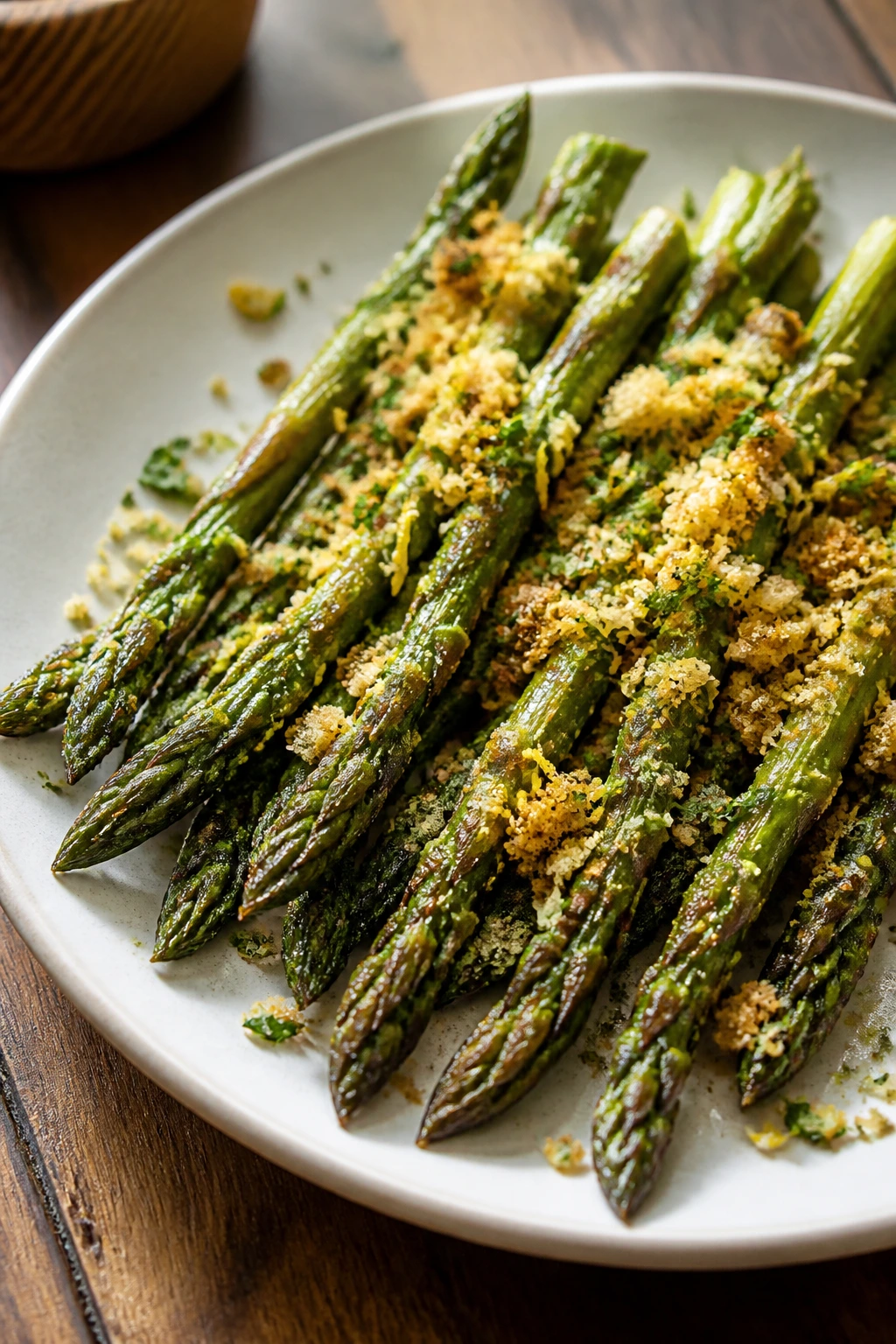 Roasted asparagus with breadcrumb gremolata on a plate