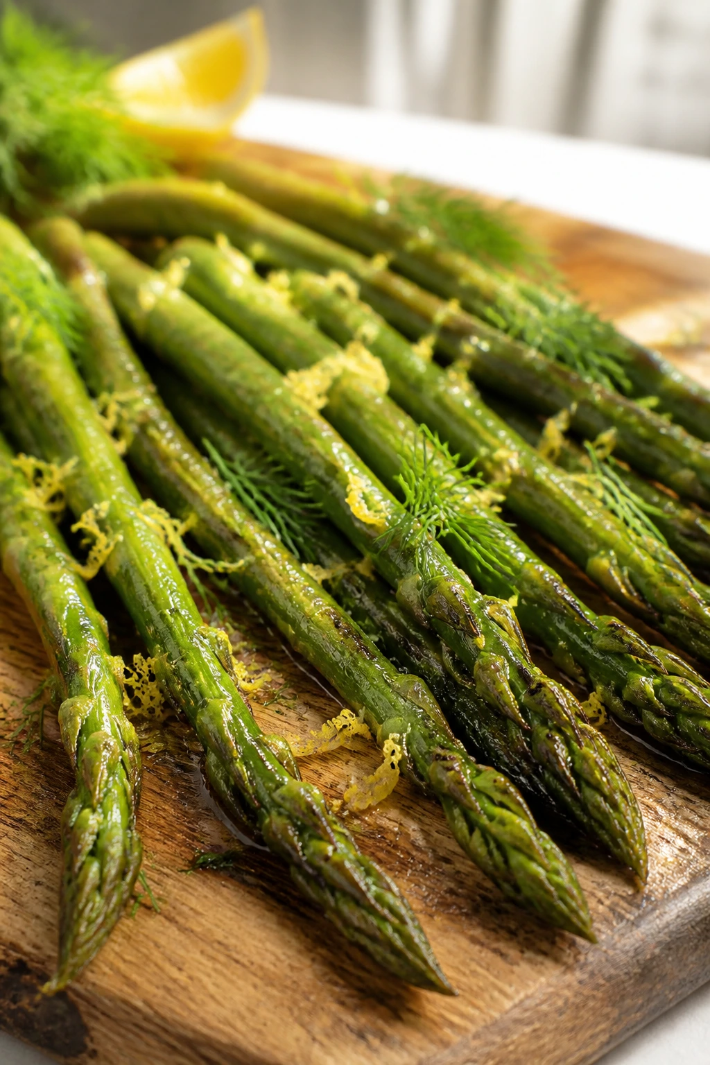 Close-up of lemon-dill asparagus spears roasted to tender-crisp on a wooden board