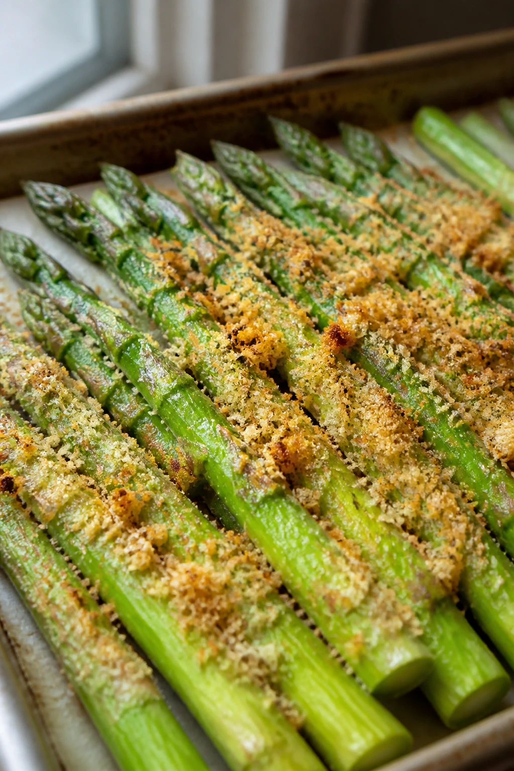 Close-up of asparagus spears with crispy panko topping on a kitchen counter