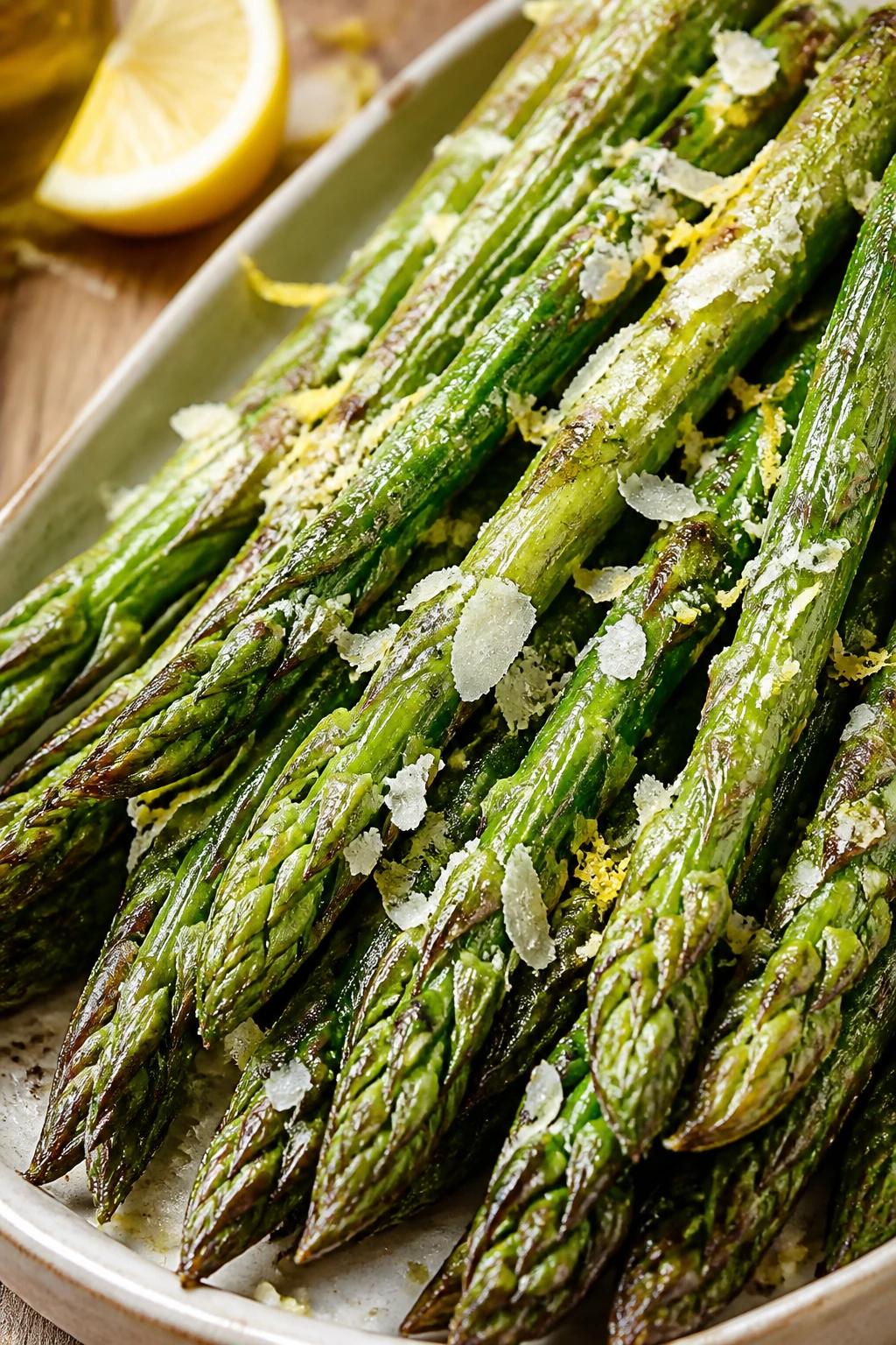 Close-up of Parmesan asparagus with lemon zest