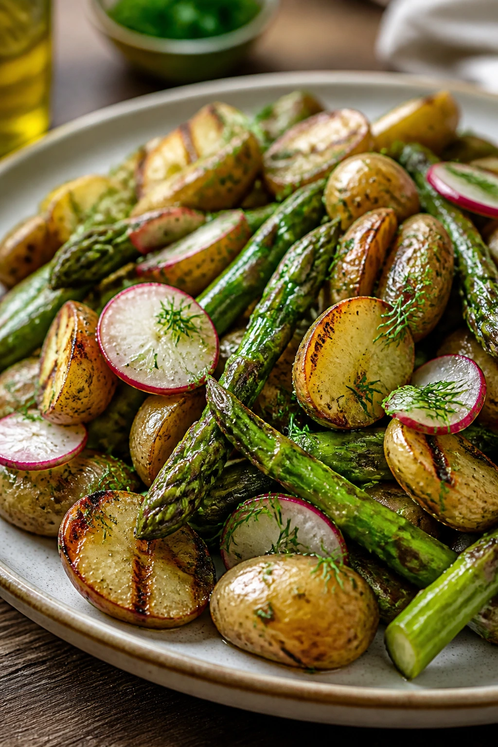 Close-up of grilled asparagus and baby potato salad with dill-dijon dressing