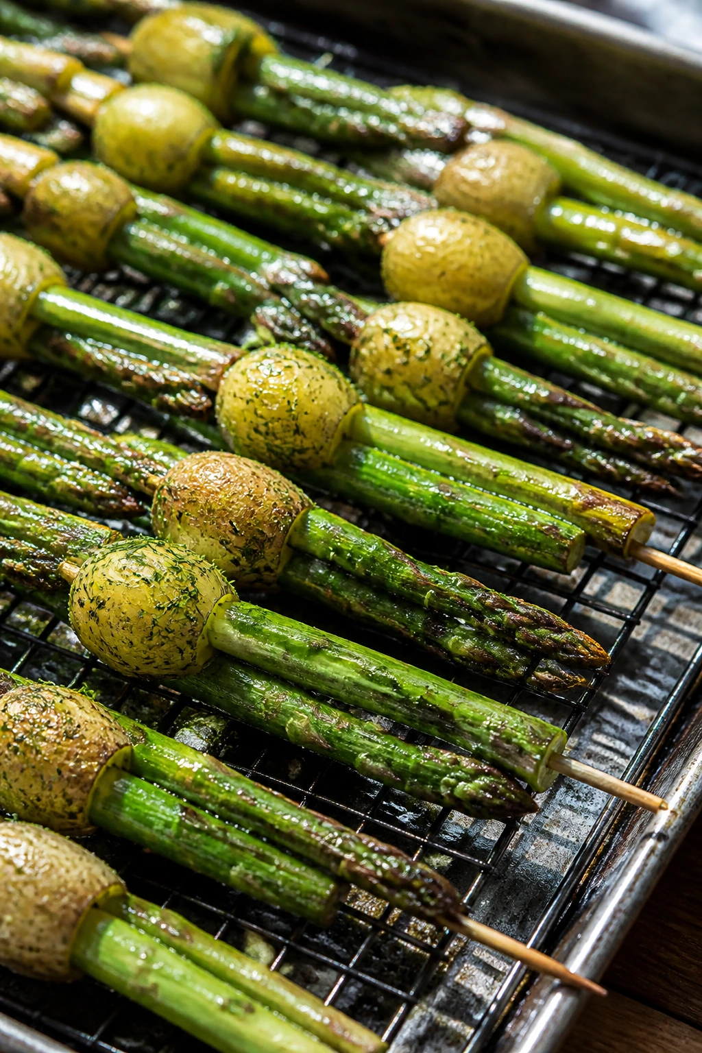 Close-up of lemon-dill asparagus and baby potato skewers with bright green asparagus