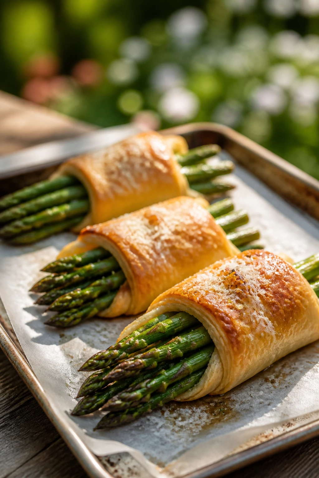 Asparagus puff pastry bundles on parchment on a wooden table