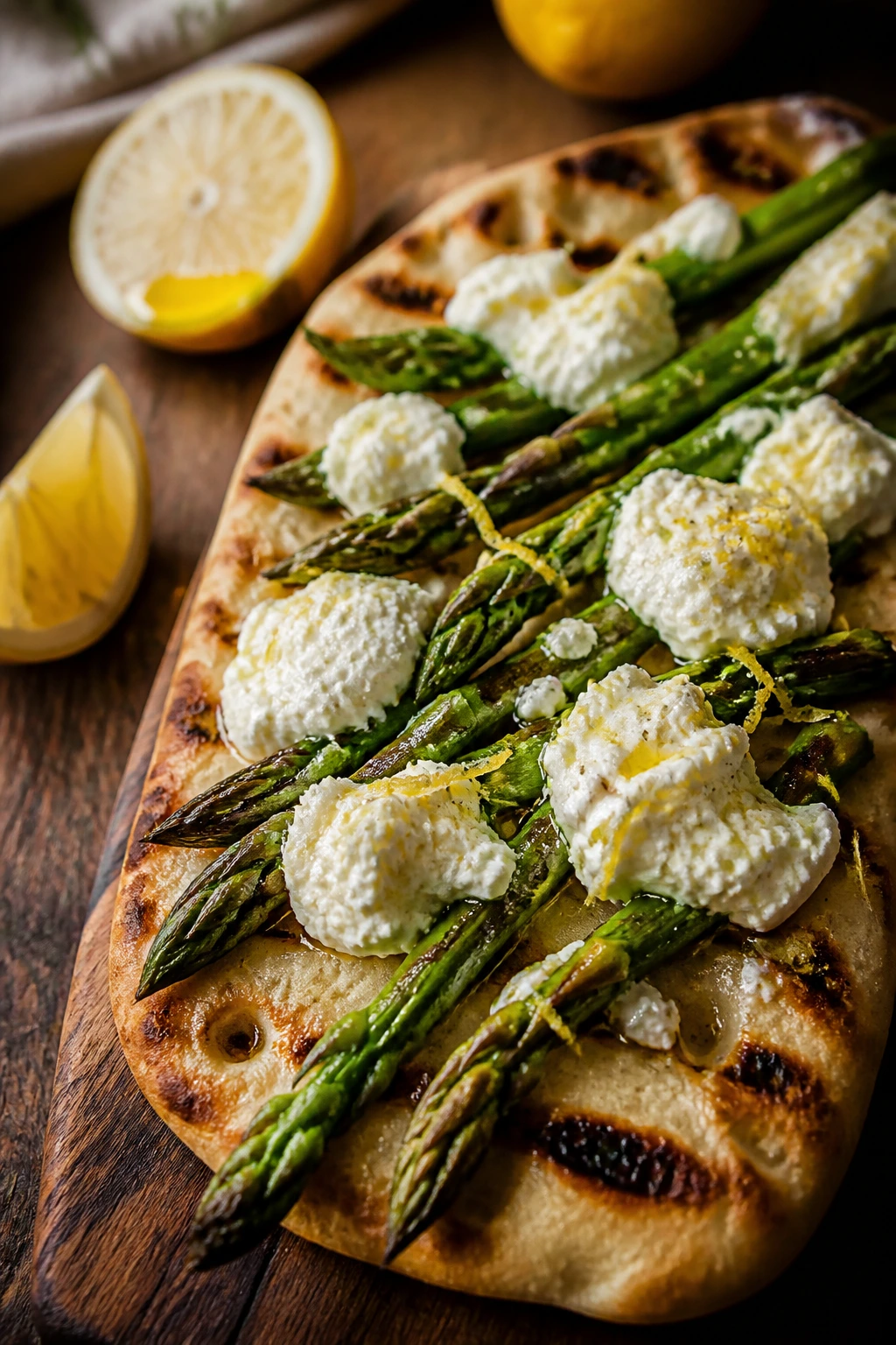 Asparagus ricotta flatbread with lemon zest on a wooden board