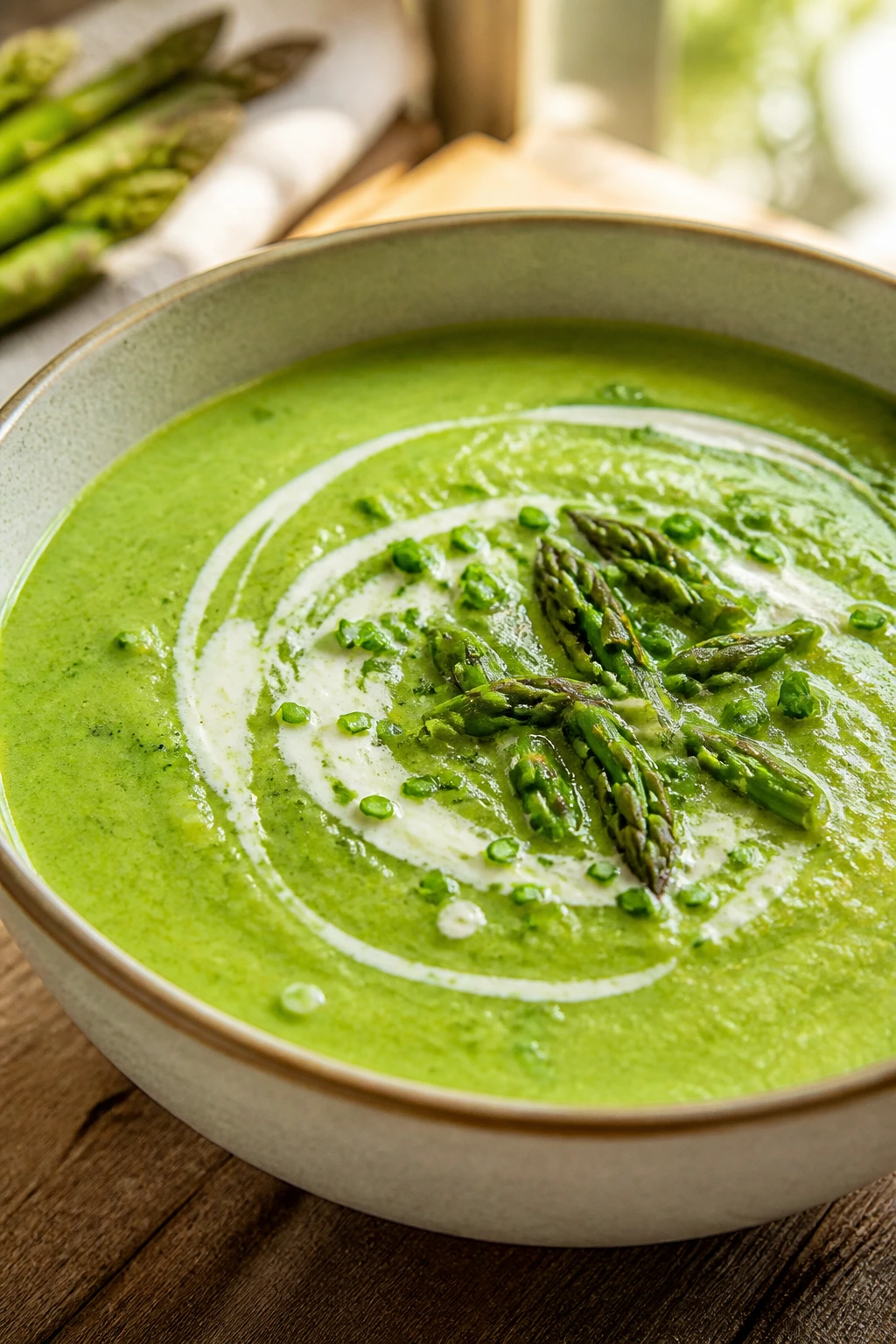 Bright green Asparagus Soup in a bowl with cream swirl and chives