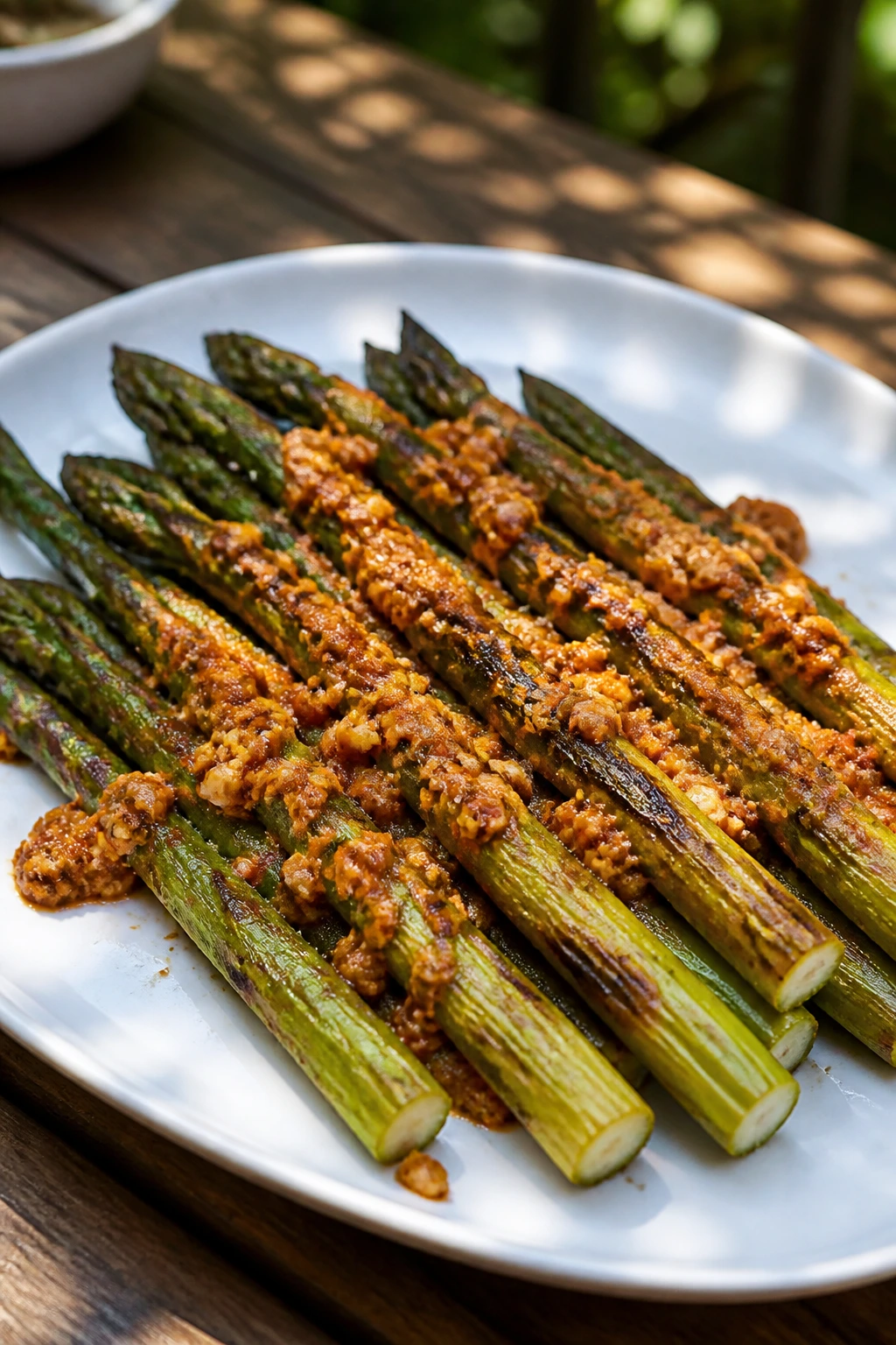 Grilled asparagus with almond romesco on plate with char marks