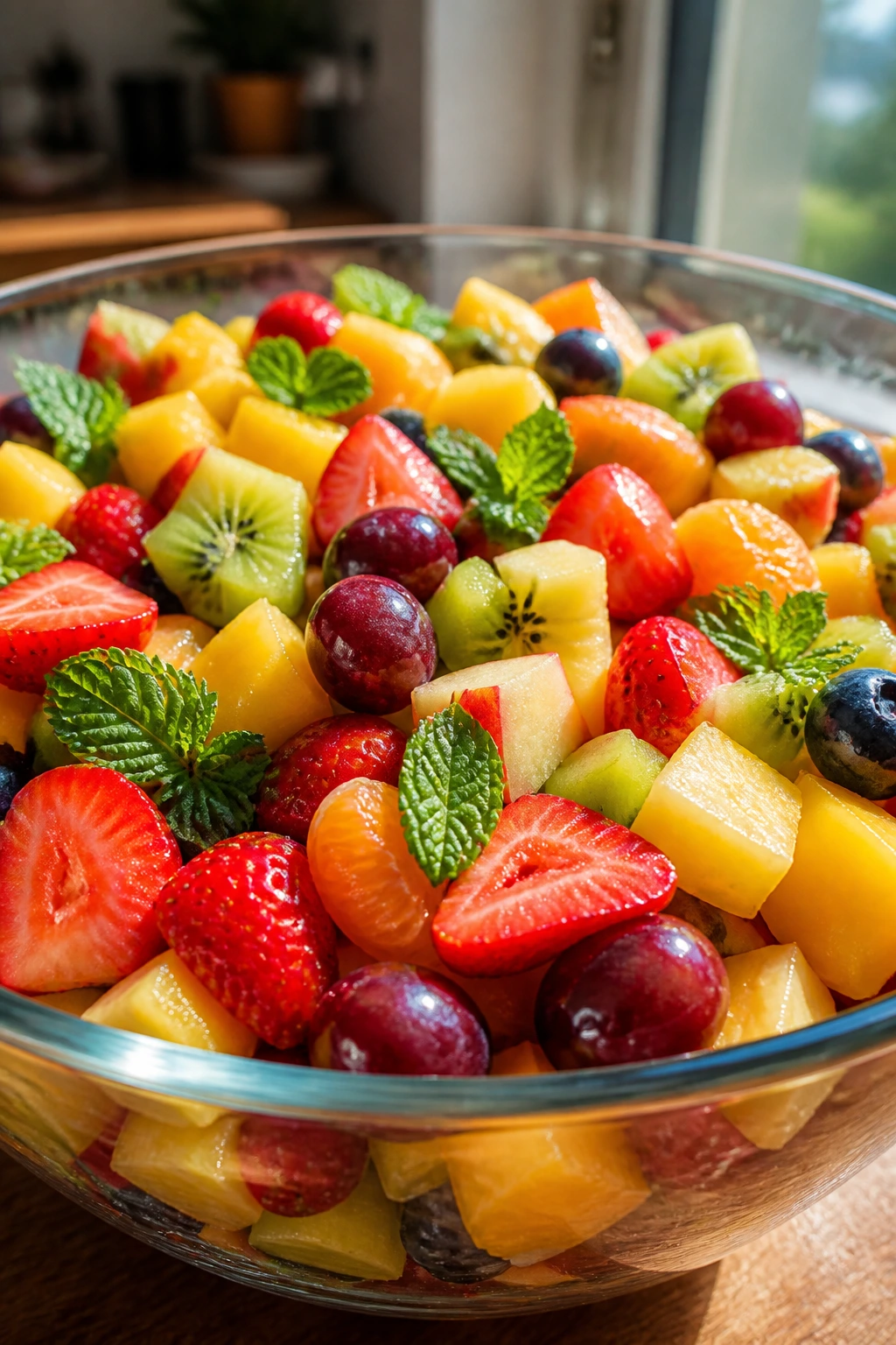 Vibrant assembled fruit salad with diverse fruits in a glass bowl