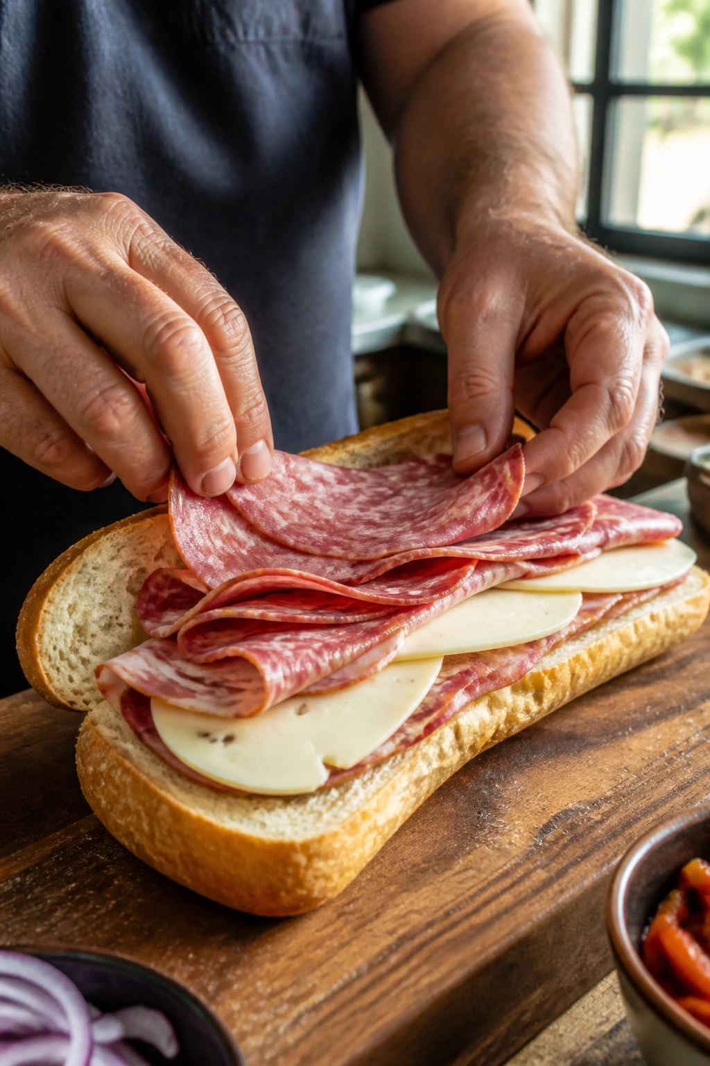 Hands assembling an Italian sub with meats and cheese