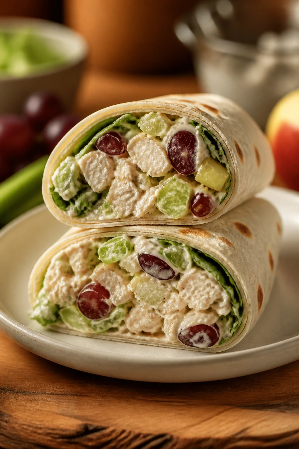 Fully assembled chicken salad wrap cut in half showing filling