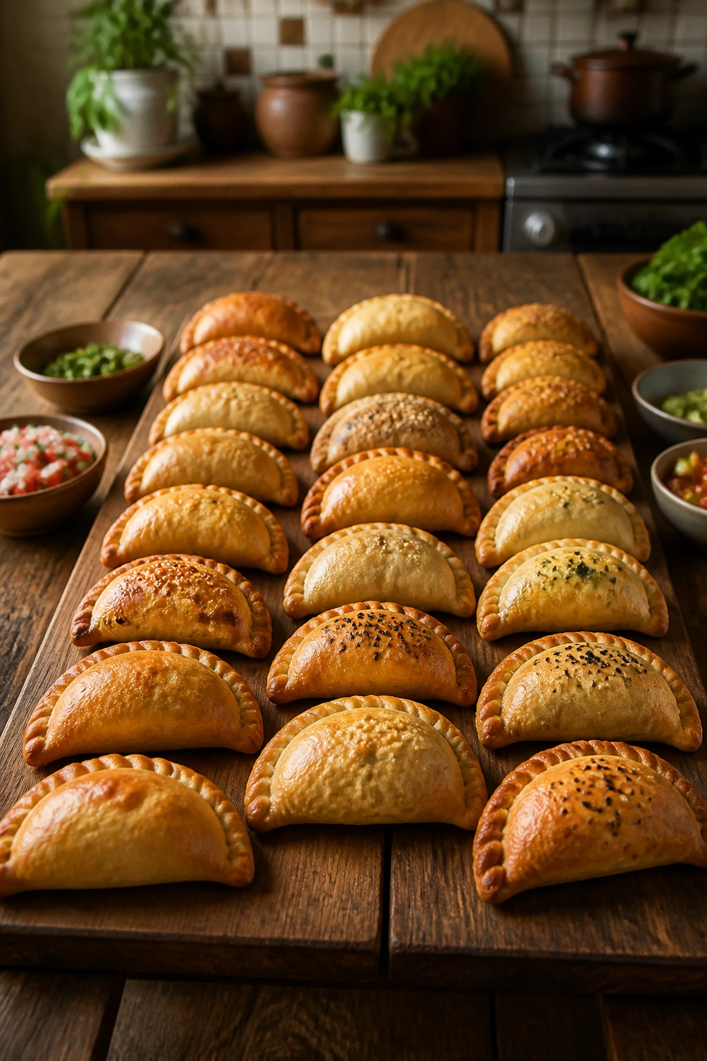 Assorted empanadas arranged on a long rustic table