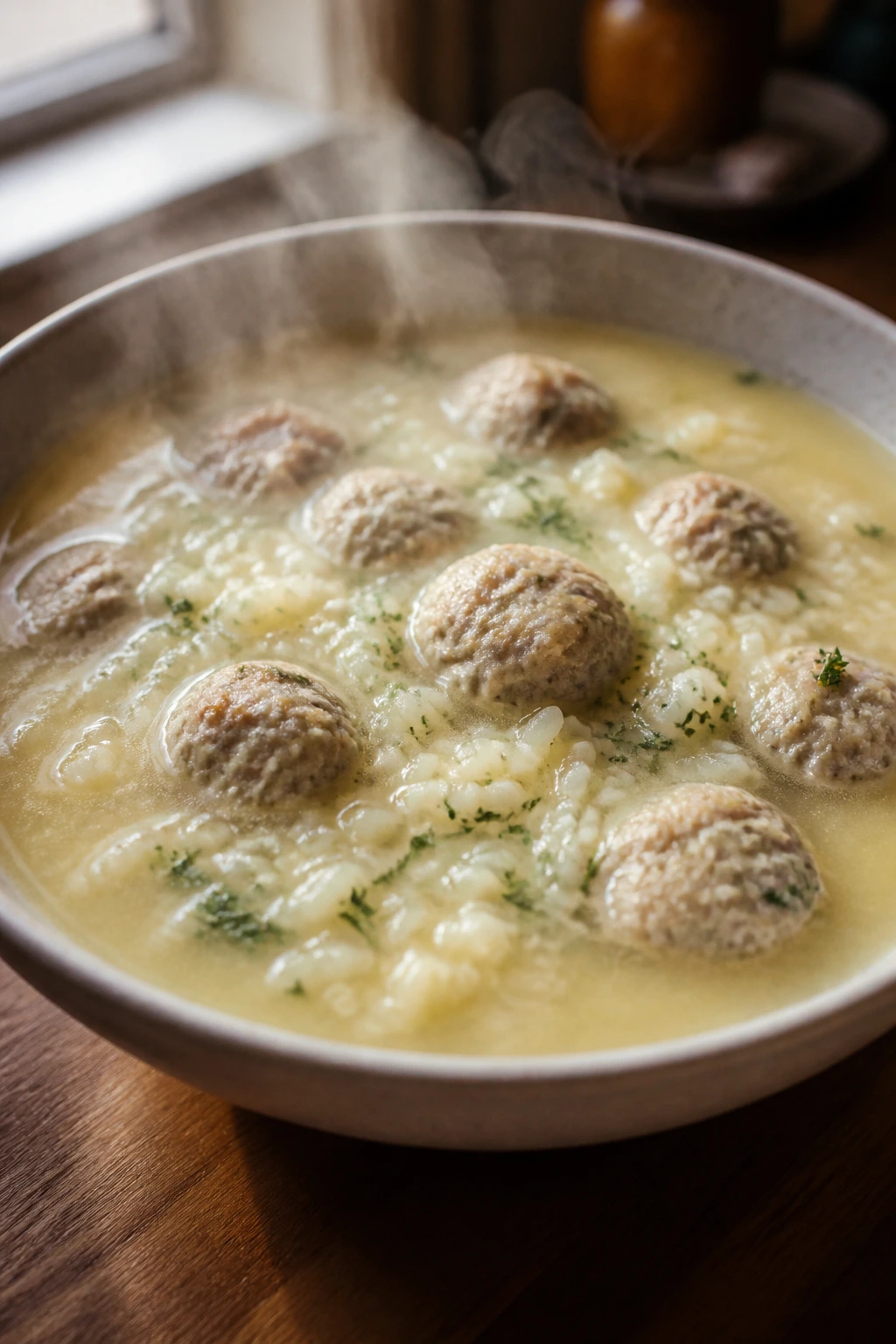 Bowl of avgolemono meatballs with rice in lemony broth