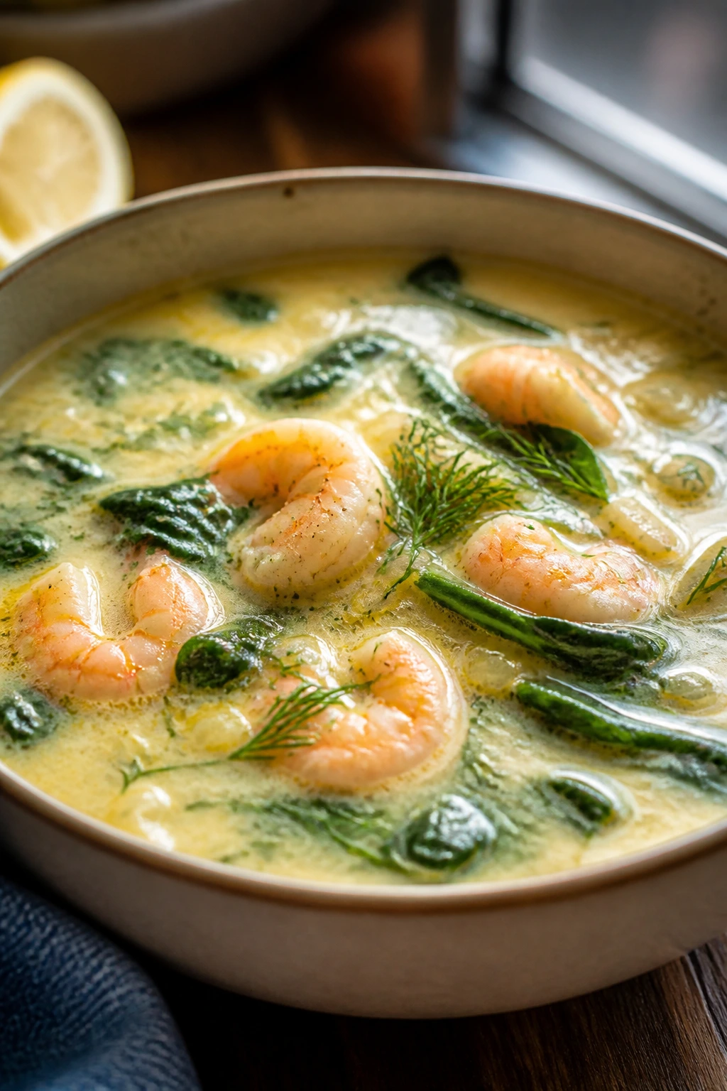 Creamy yellow shrimp soup with spinach and dill in a bowl