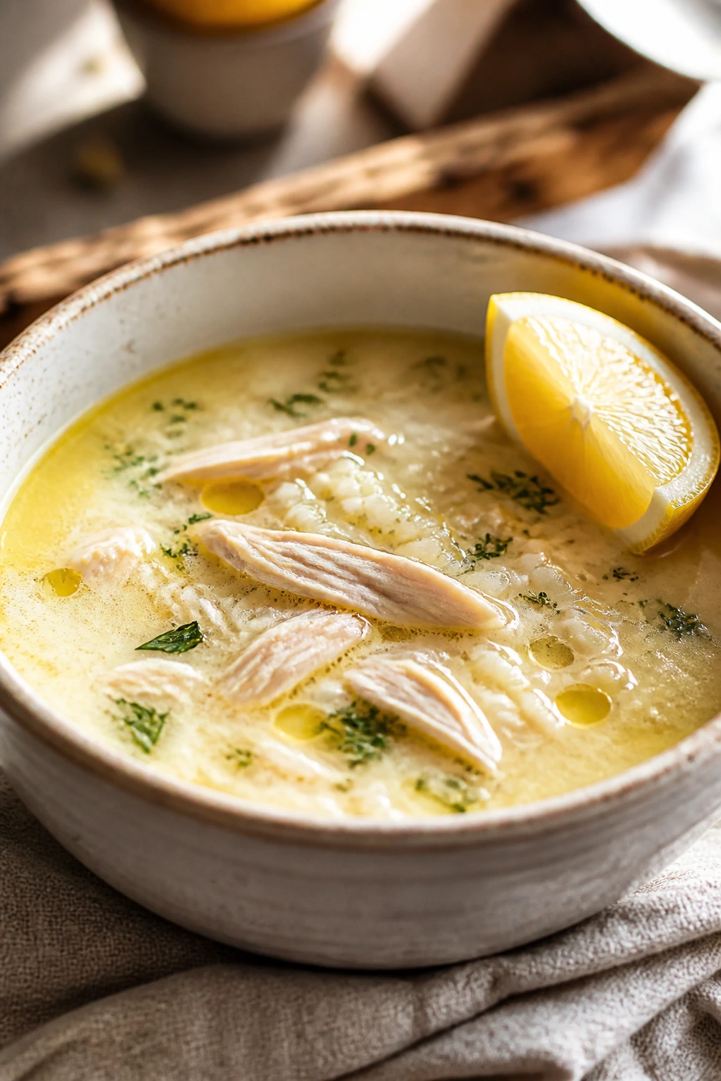 Bowl of Greek lemon chicken soup (avgolemono) on a warm kitchen table