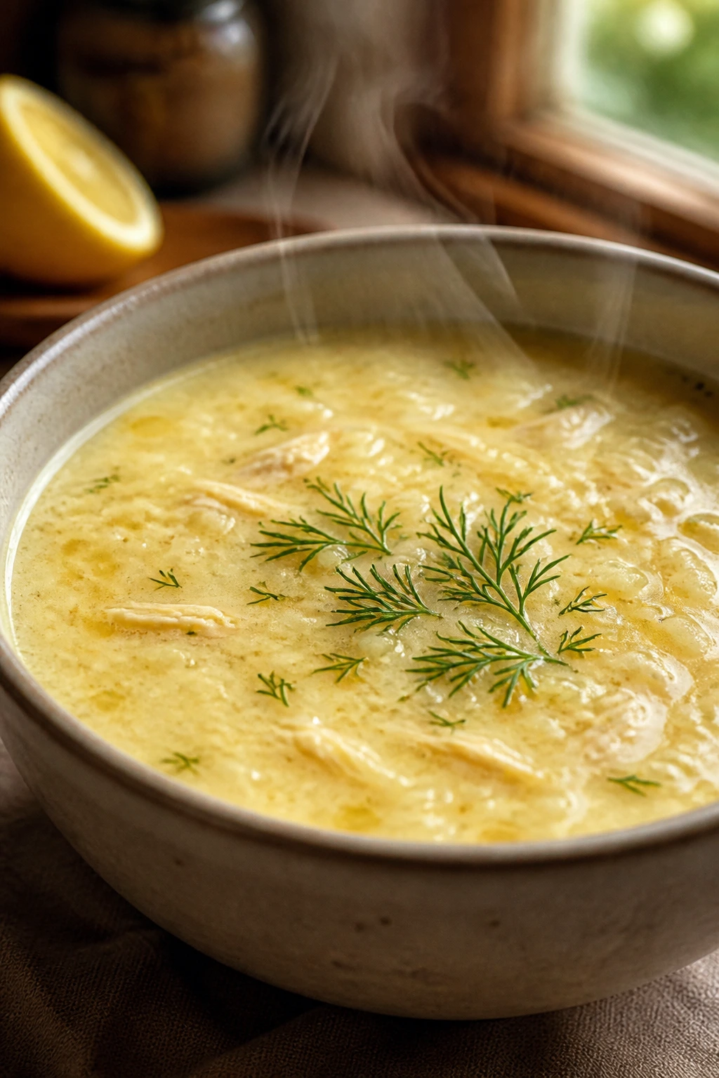Close-up of Avgolemono Soup with a lemony sheen and dill garnish