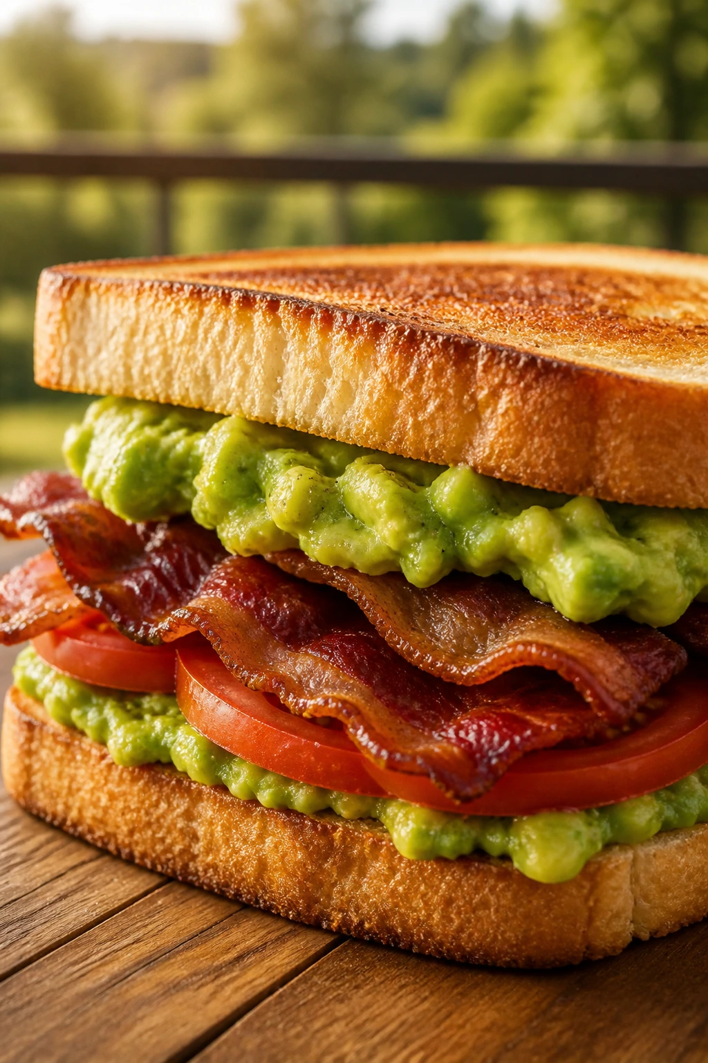 Close-up avocado bacon tomato sandwich on toasted bread in picnic setting