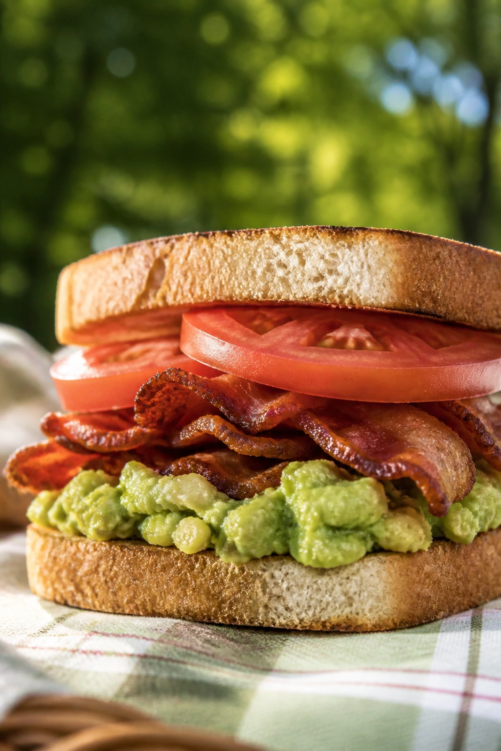 Cross-section avocado bacon tomato sandwich outdoors