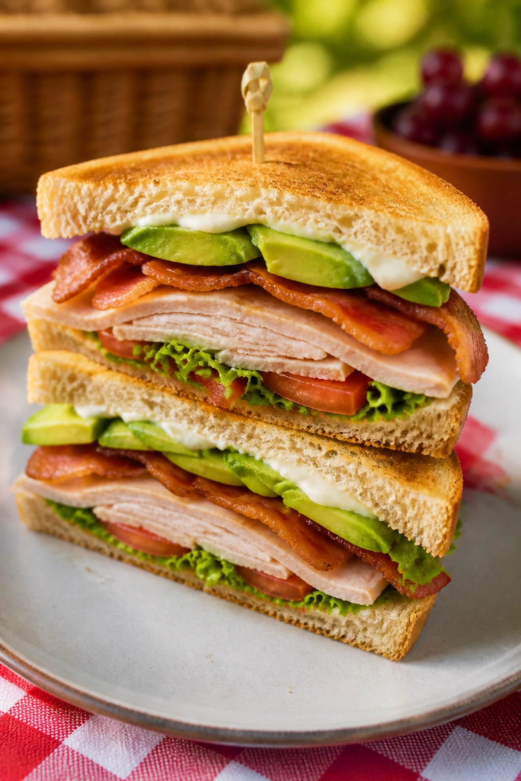 Close-up of avocado bacon turkey club showing multiple layers and avocado