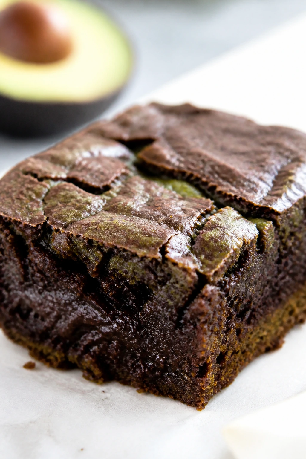 Close-up of a dairy-free avocado brownie with a subtle green tint