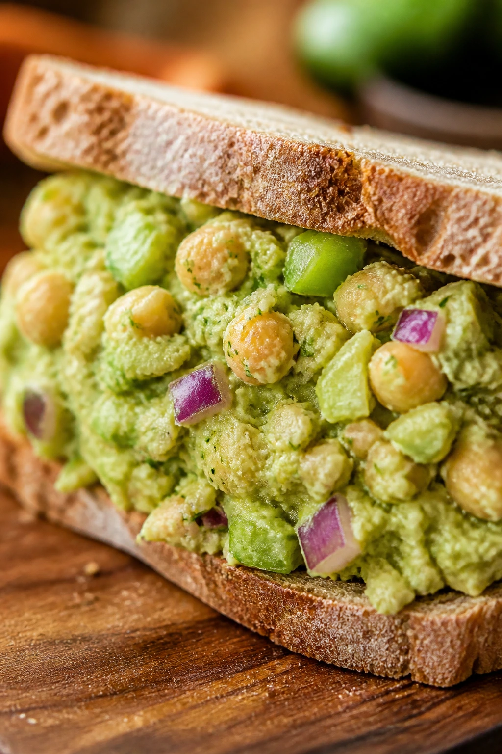 Cross-section of sandwich with avocado-chickpea filling