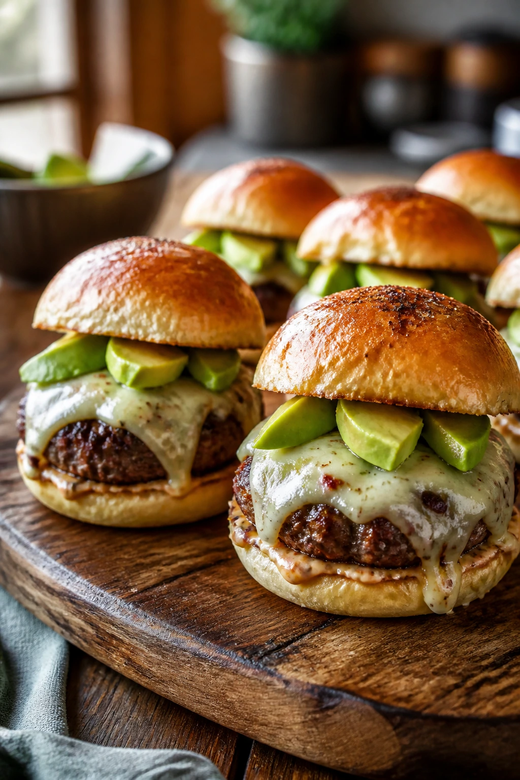 Close-up of avocado-topped cheeseburger sliders on wooden board