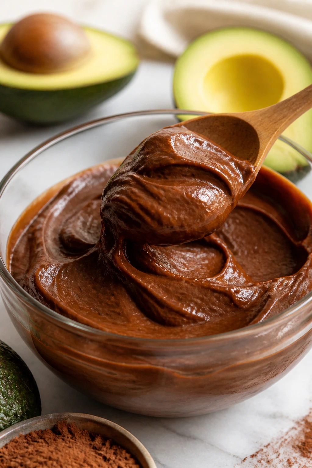 Glossy avocado chocolate pudding in a bowl with a wooden spoon