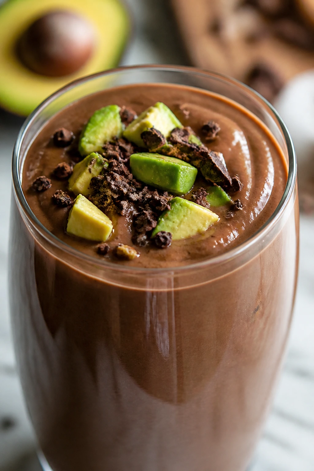 Close-up of Avocado Cocoa Smoothie in a glass on a modern kitchen counter