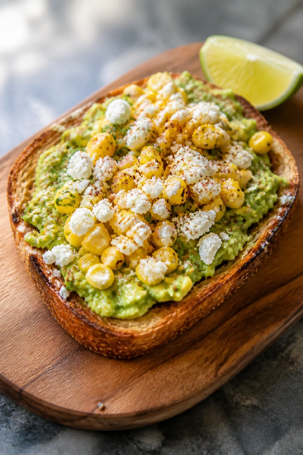Avocado corn toast with cotija on a wooden board