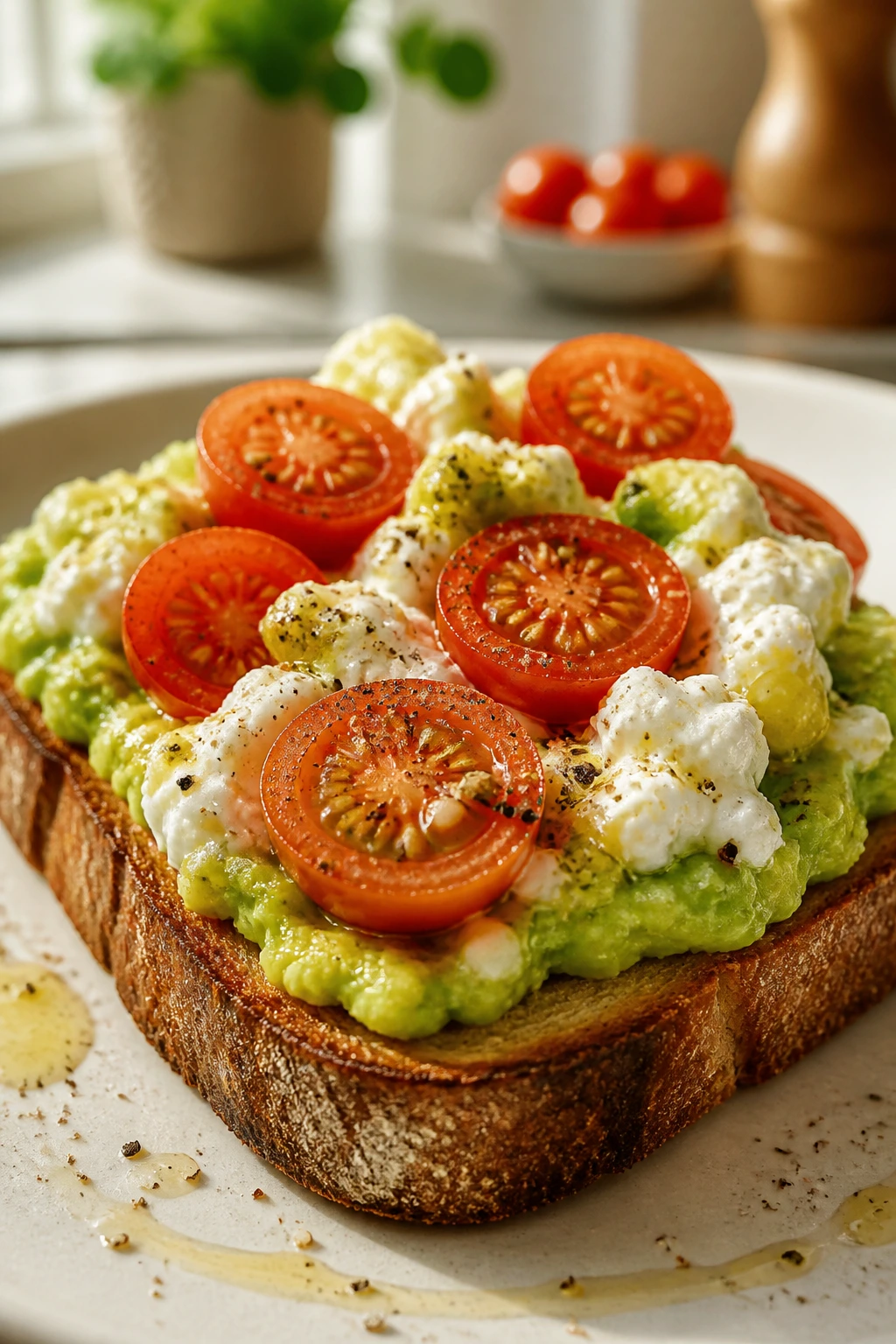 Close-up of avocado cottage cheese toast with tomato on a plate
