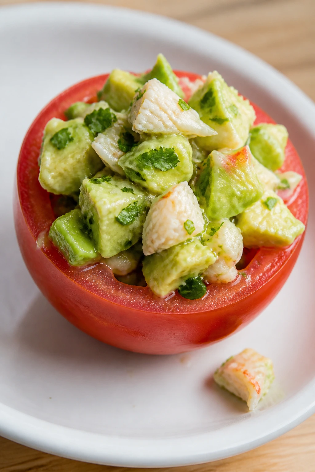 Halved stuffed tomato with avocado-crab filling