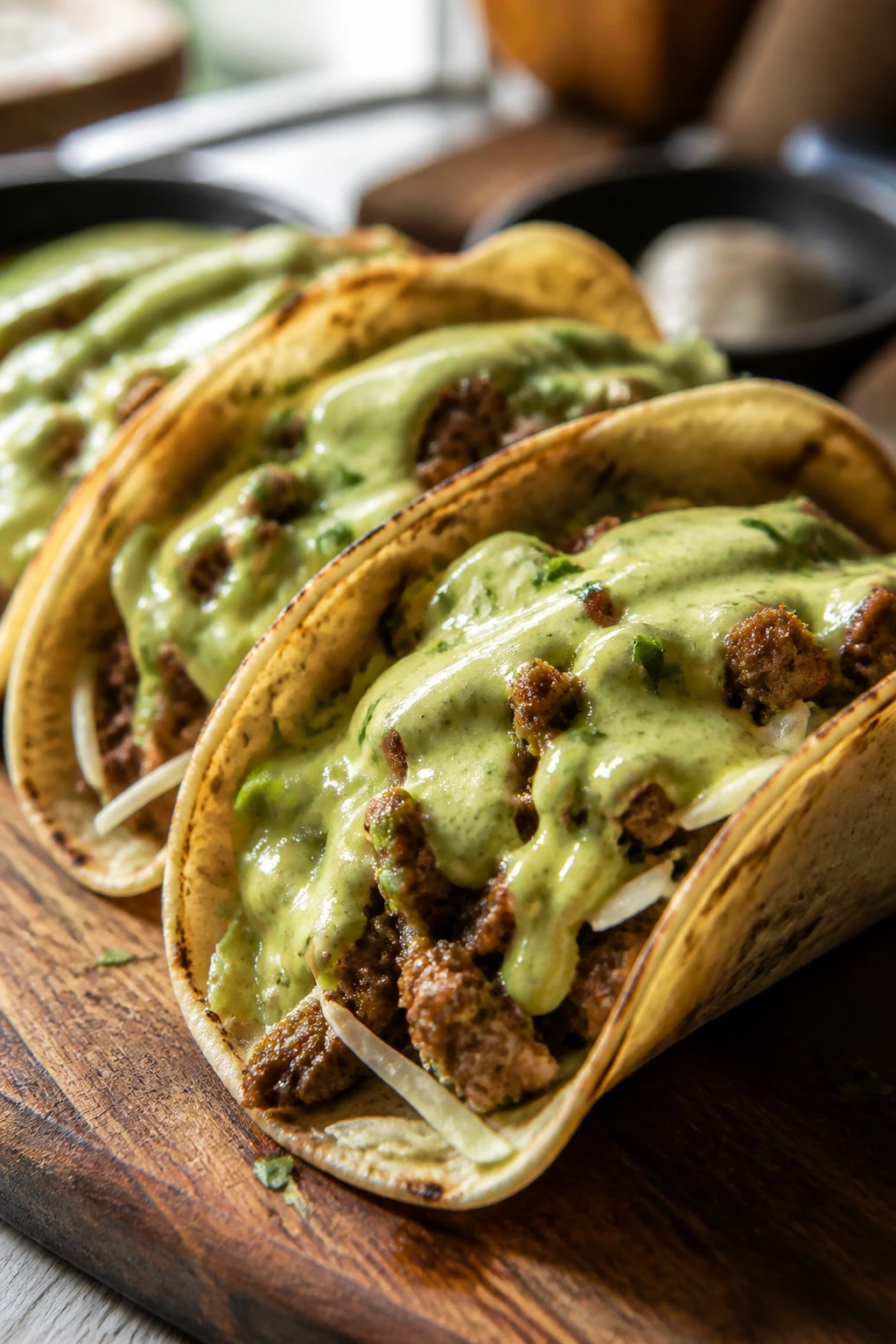 Close-up of avocado crema beef tacos on a rustic board