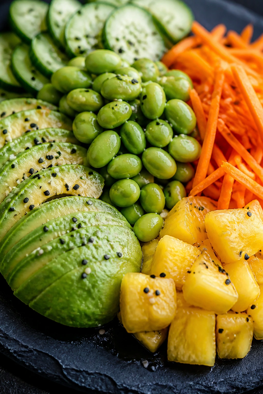 Macro close-up of avocado, cucumber, edamame, carrot, and pineapple textures