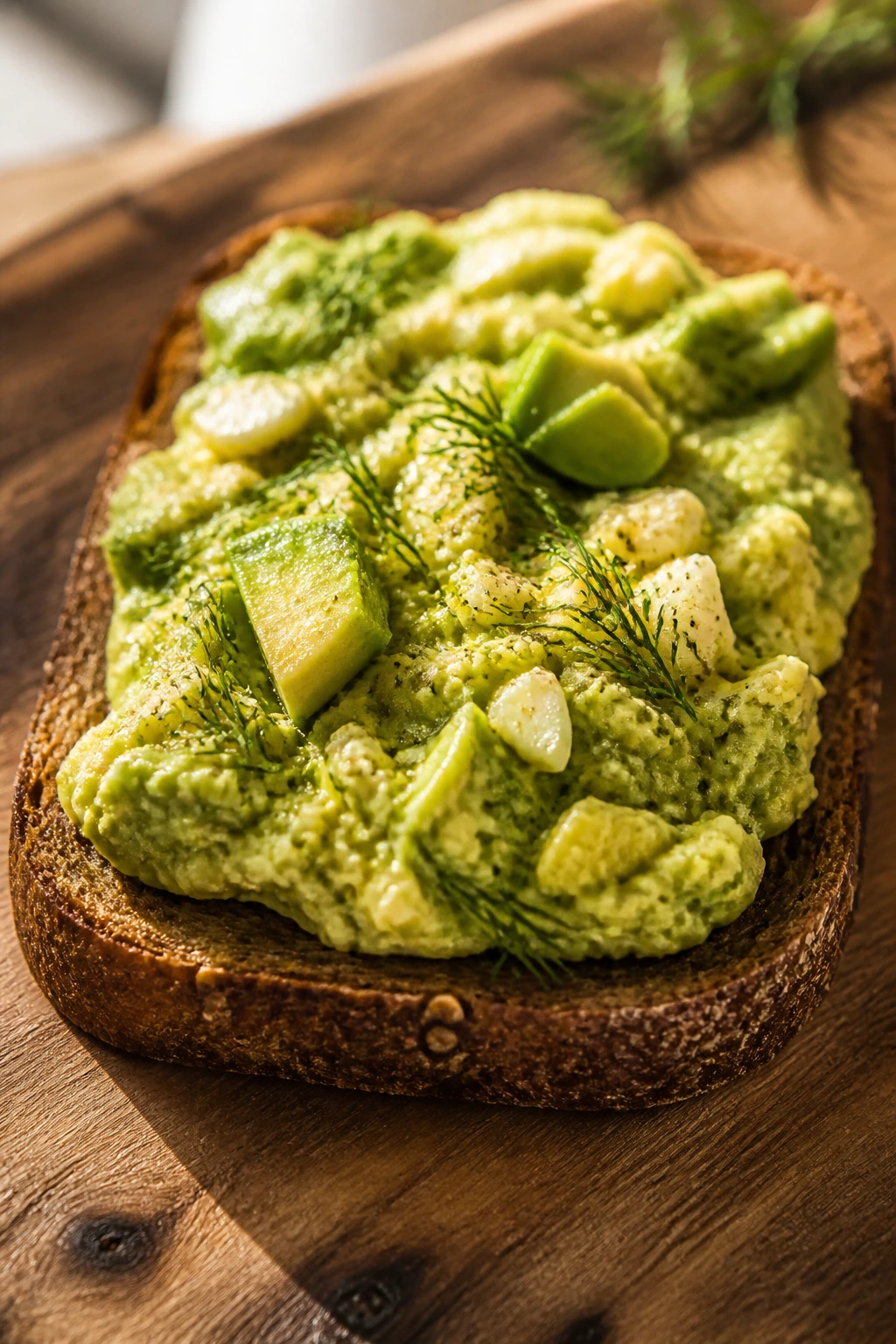 Close-up of avocado egg salad on rye toast on wooden board