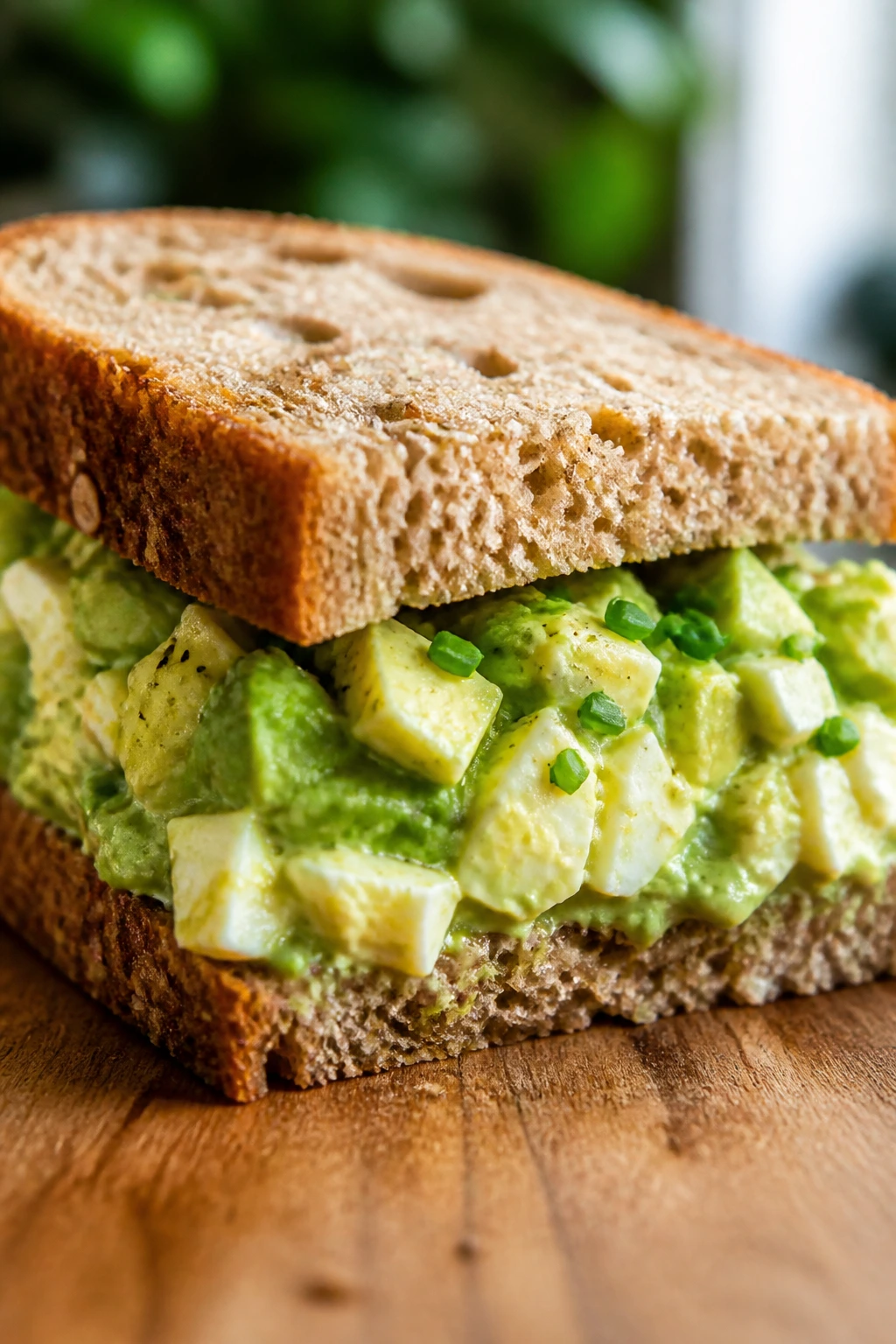 Close-up of avocado egg salad on whole-grain bread with lime and chives
