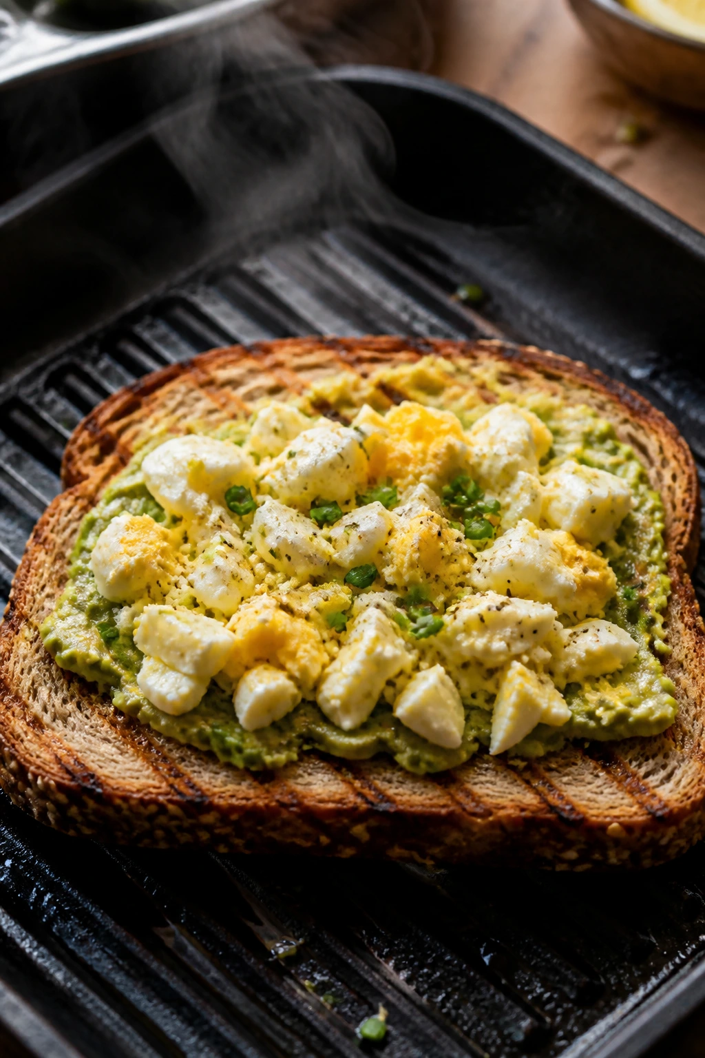 Close-up of Avocado Egg Salad Toastie showing avocado and eggs on grilled bread.