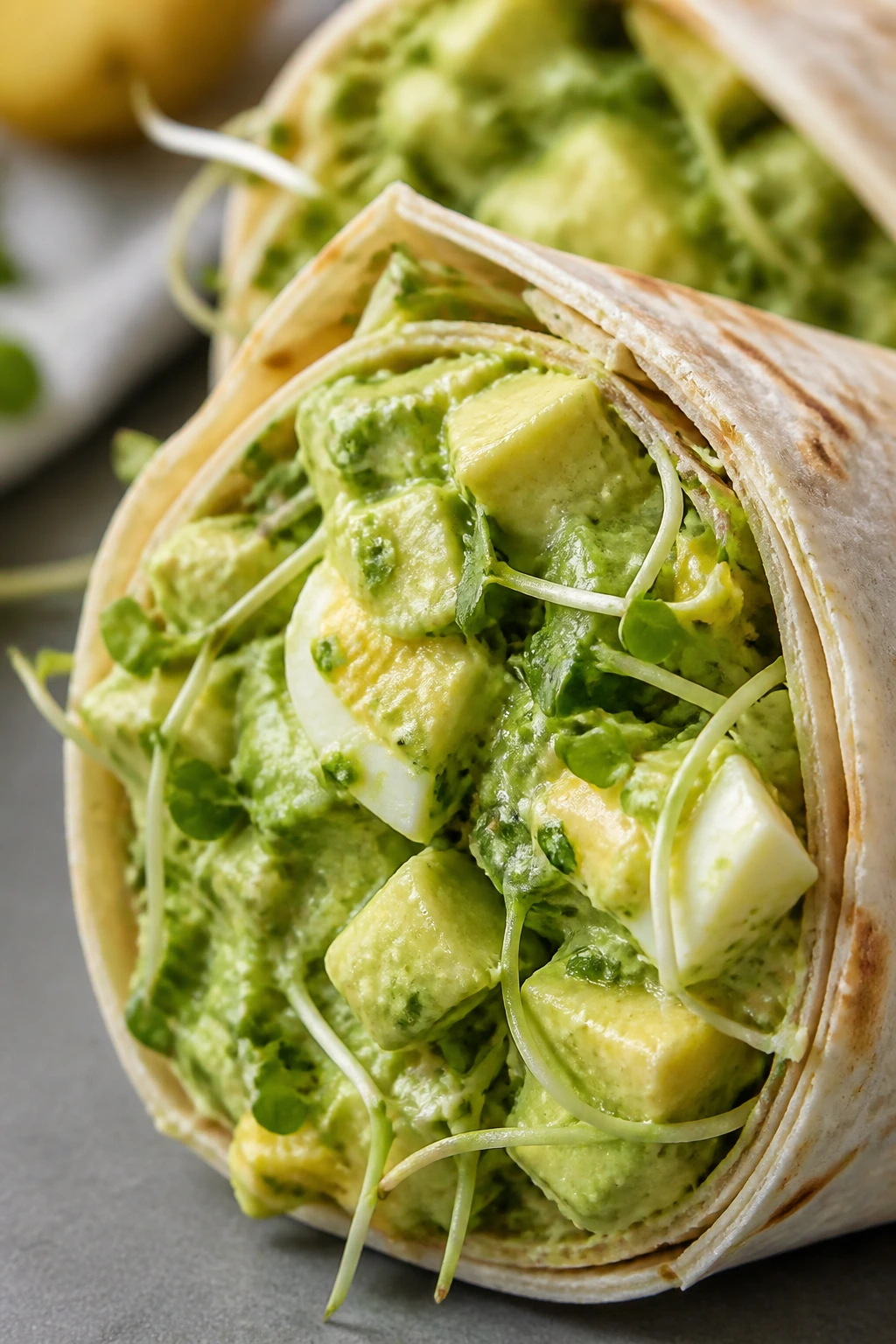 Close-up of Avocado Egg Salad Wrap with sprouts