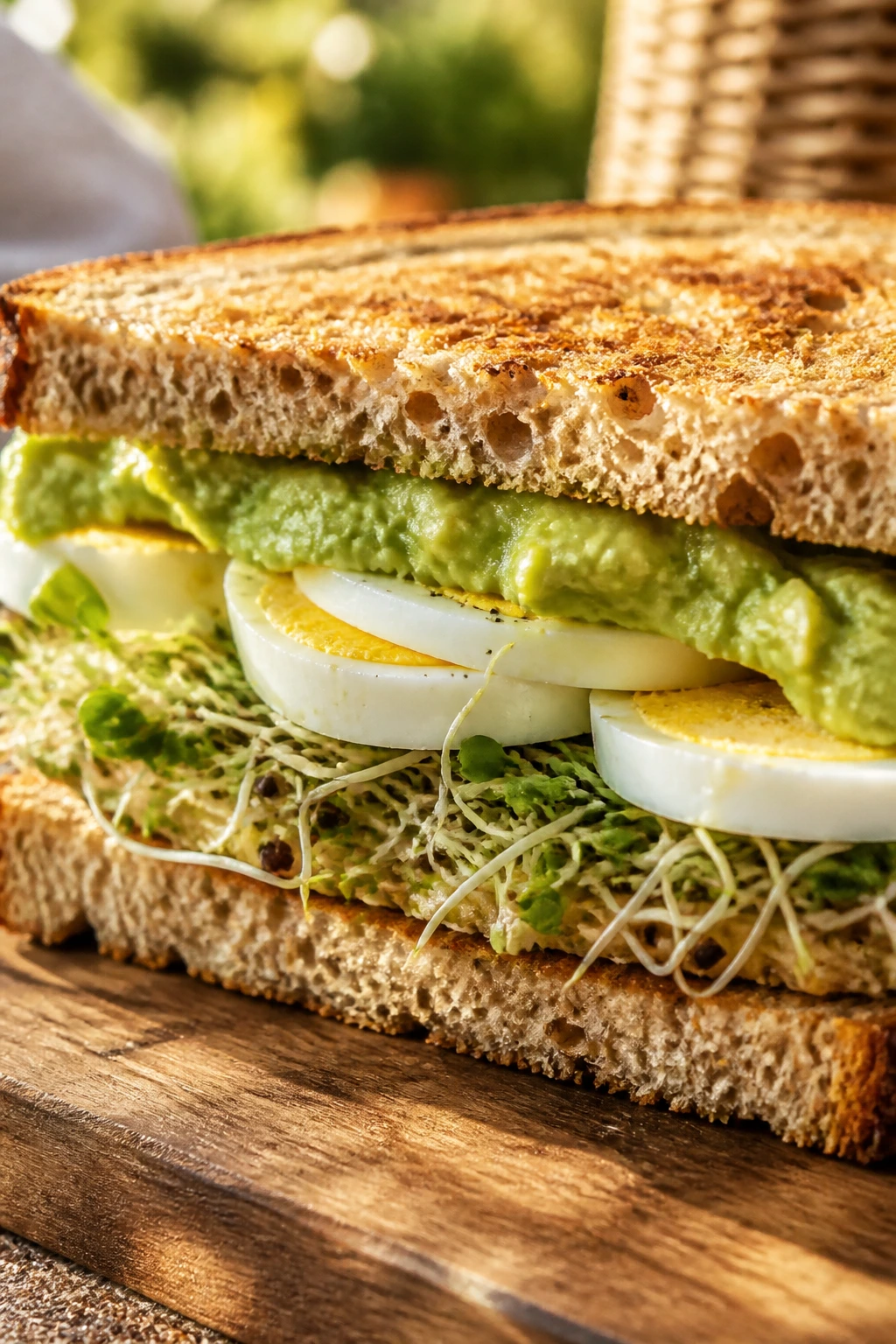 Close-up of avocado, egg, and sprout sandwich on toasted bread with sprouts visible.