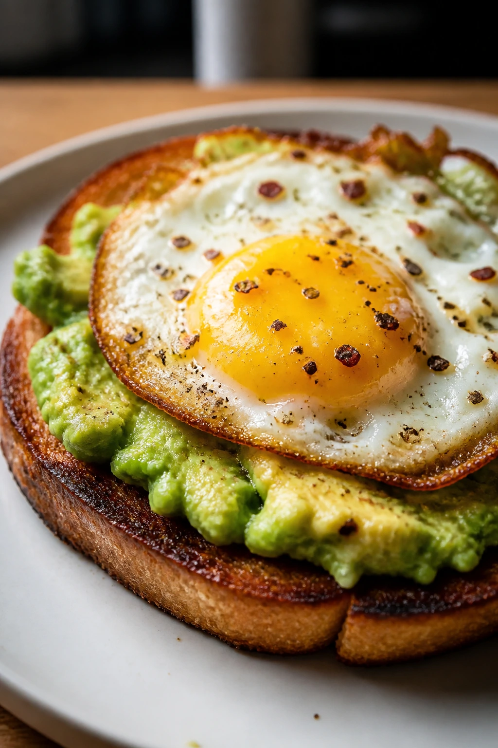 Avocado egg toast with crispy edges on a plate in a warm kitchen