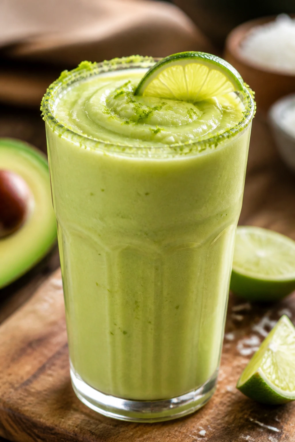 Vivid green avocado lime pie smoothie in glass on wooden counter