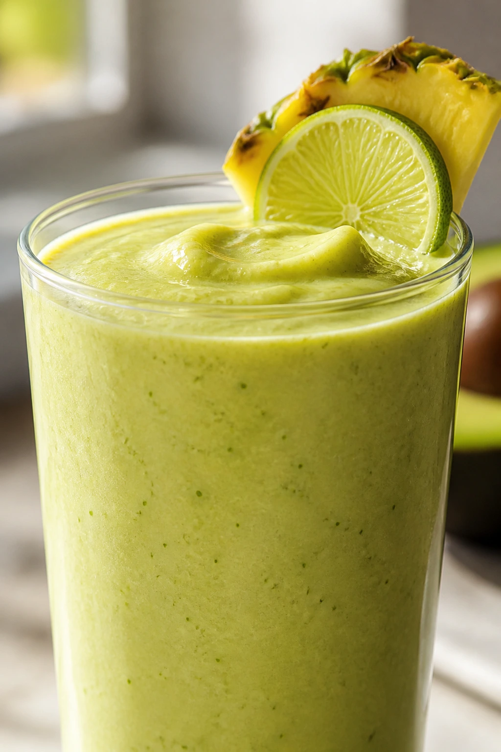 Close-up of Avocado Lime Pineapple Smoothie in glass, modern kitchen setting
